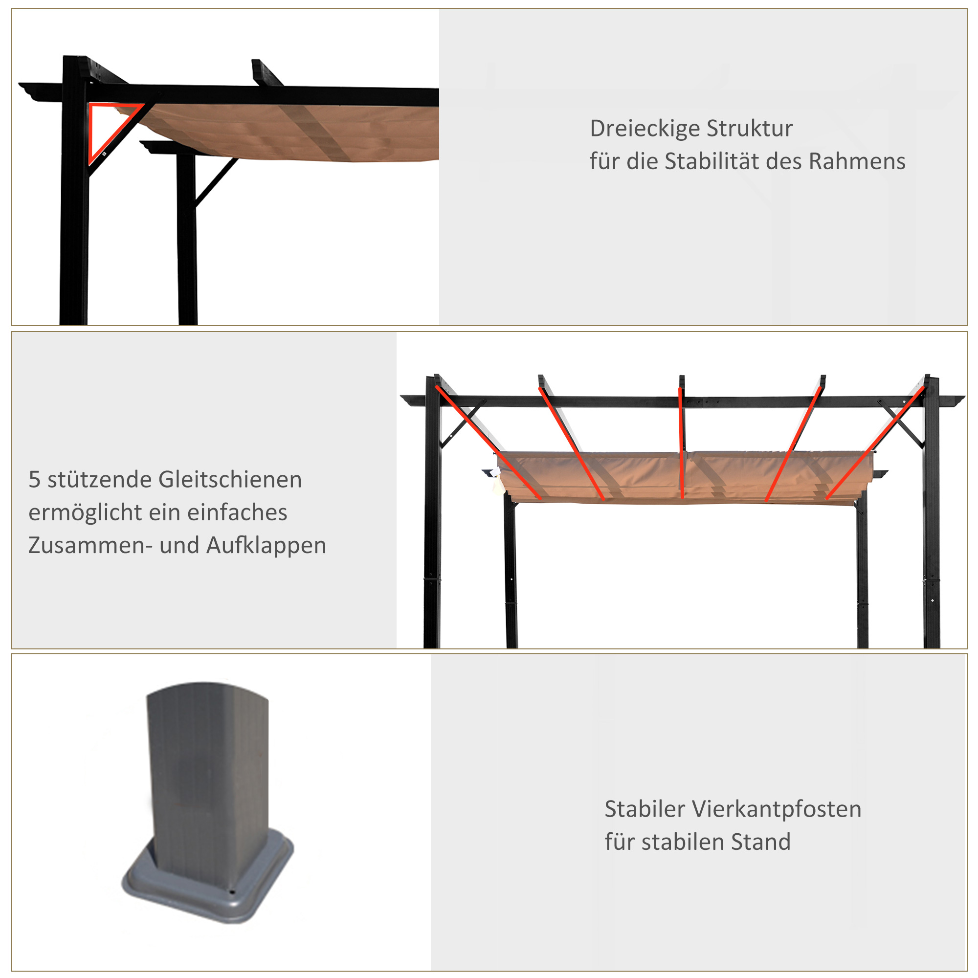 Pergola Pavillon mit einstellbarem Stoffdach 3 x 4 m Terrassen-Vordach Aluminium Sonnenschutz Überdachung Terrasse Garten Grau+Braun