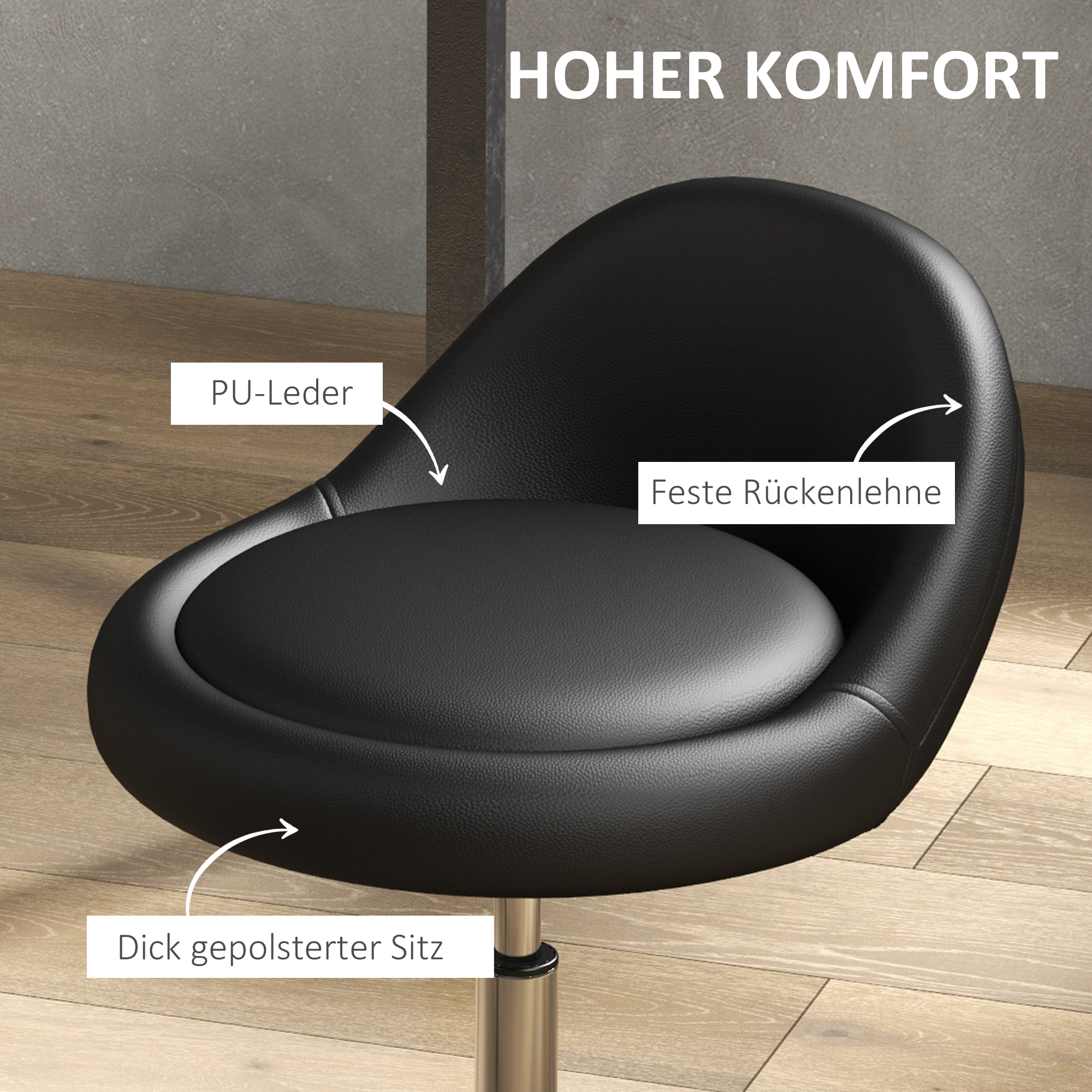 Arbeitshocker Drehhocker Rollhocker, höhenverstellbar, drehbare Sitzfläche, 50cm x 50 cm x 83 cm, Schwarz + Silber