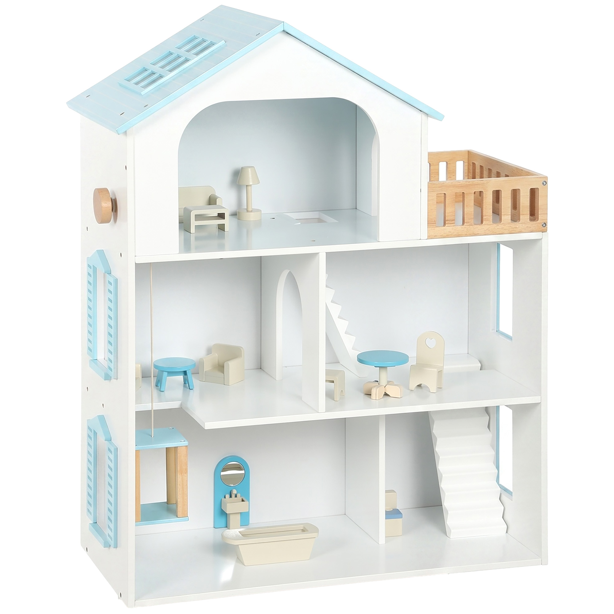 Puppenhaus 79,5 cm Hoch 3-stöckig mit Aufzug 13 Möbeln Balkon Groß Geschenk für Mädchen von 3-6 Jahren Blau