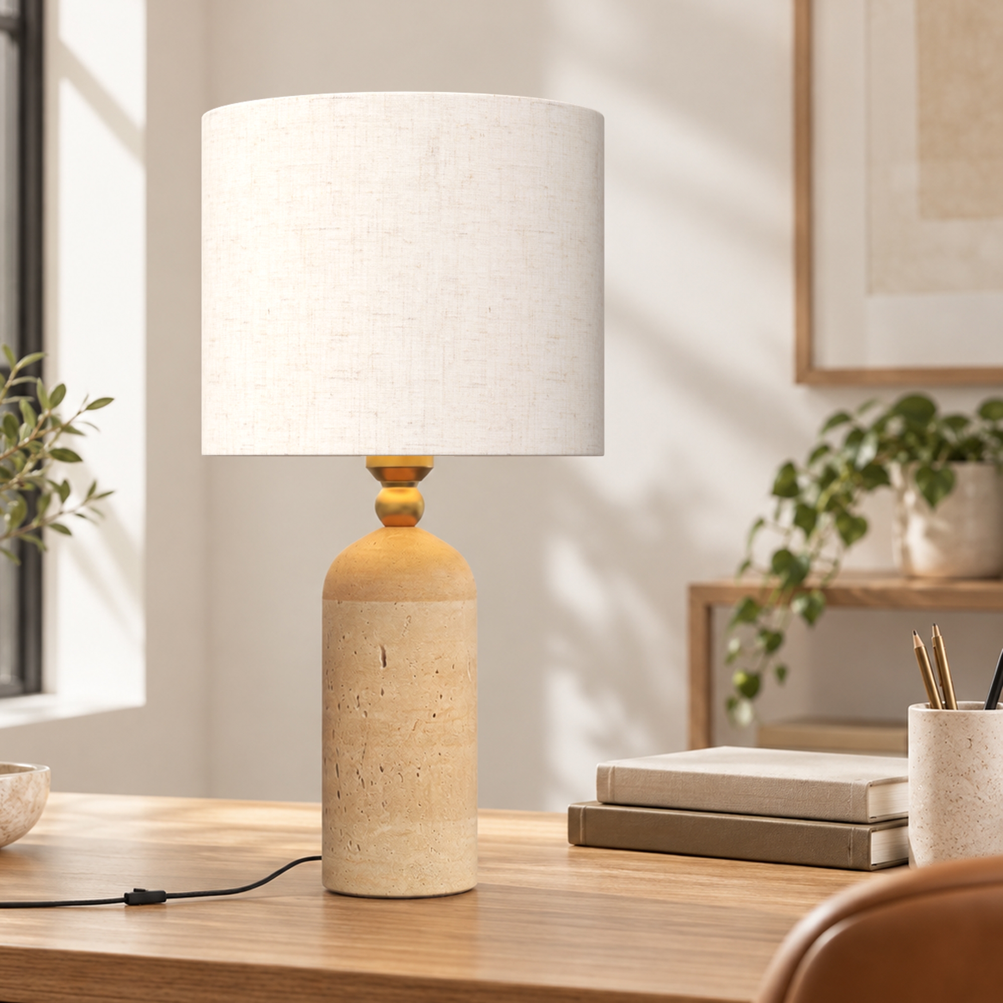 Tischlampe Vintage E27 Nachttischlampe Stoffschirm Kabel, 48 cm Beige