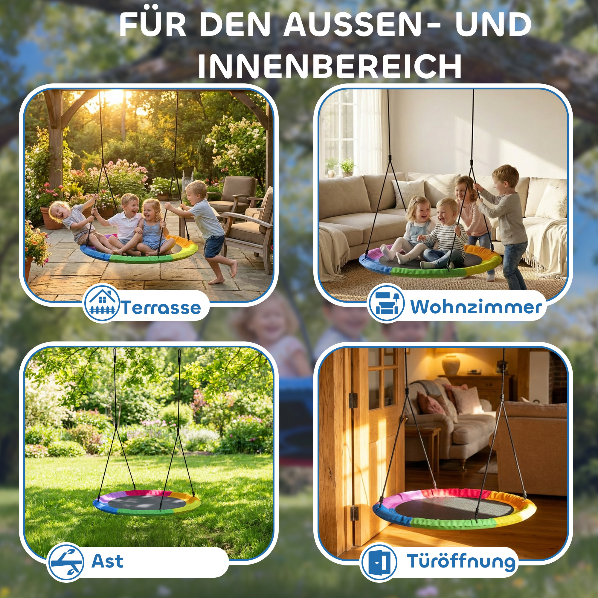 Nestschaukel Höhenverstellbar Hängeschaukel Ø 120 cm bis zu 300kg für 3-8 Jahre Kinder, 120 x 120 x 180 cm Mehrfarbig