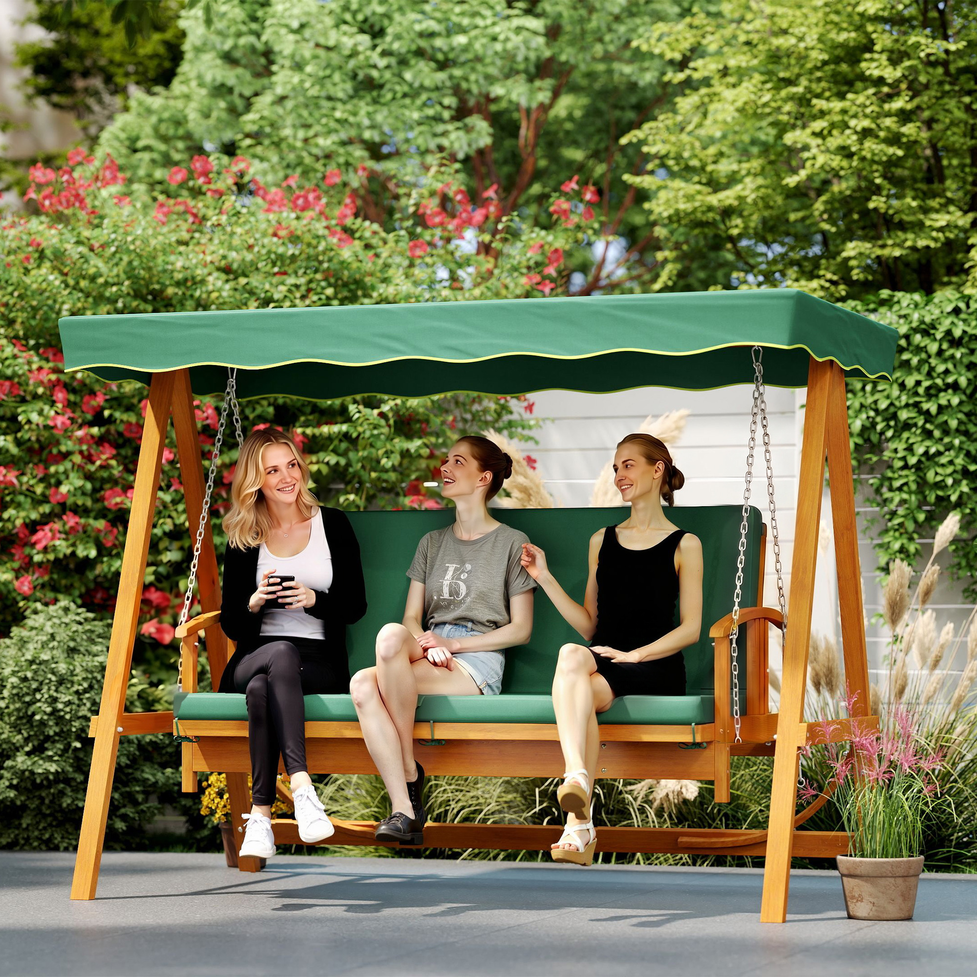 Hollywoodschaukel mit Liegefunktion, Gartenschaukel aus Holz, 3-Sitzer, für Garten, Terrasse, Dunkelgrün