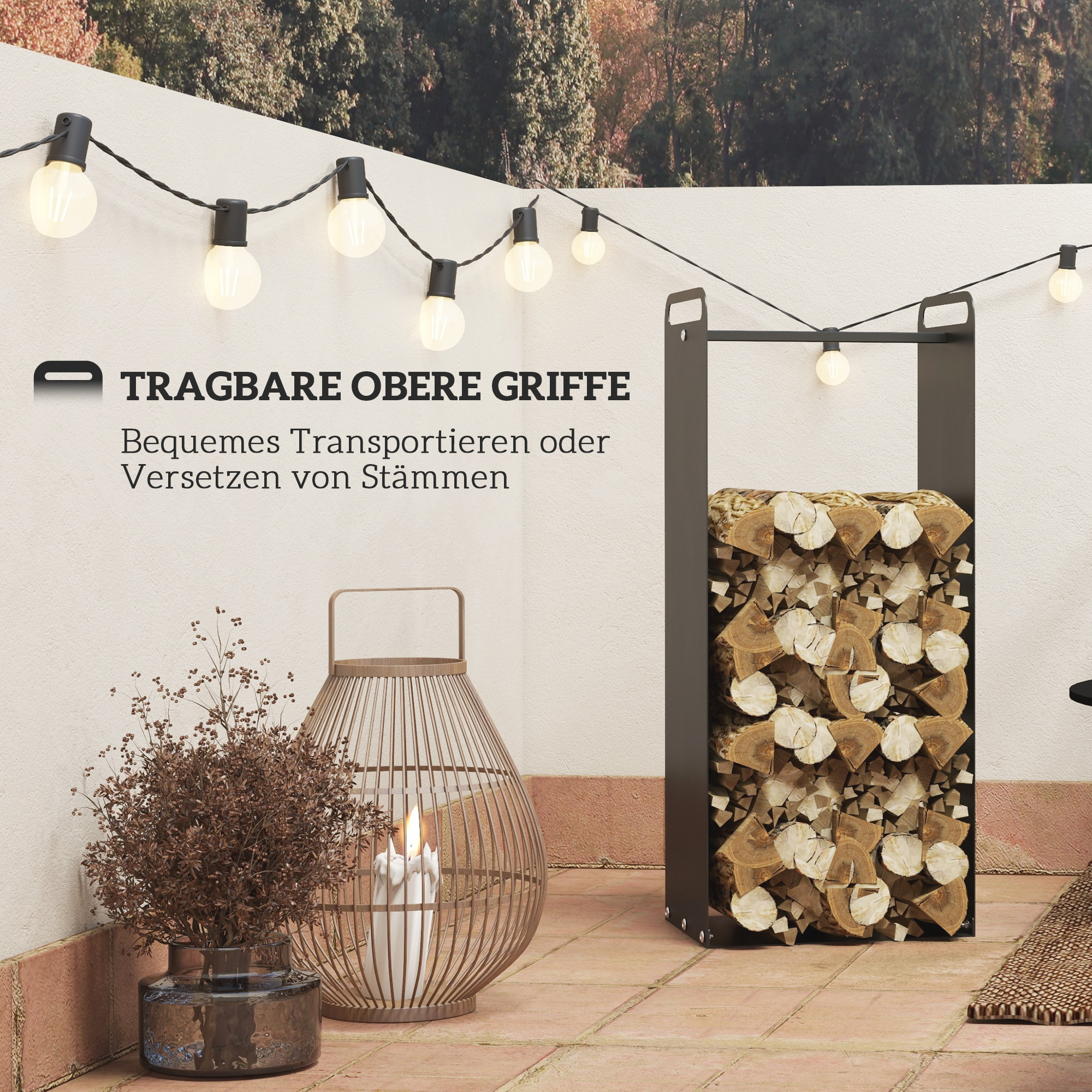 Feuerholzgestell, 2 Tragegriffe, Stahlrahmen, bis 30kg, 37x30x90cm, Schwarz