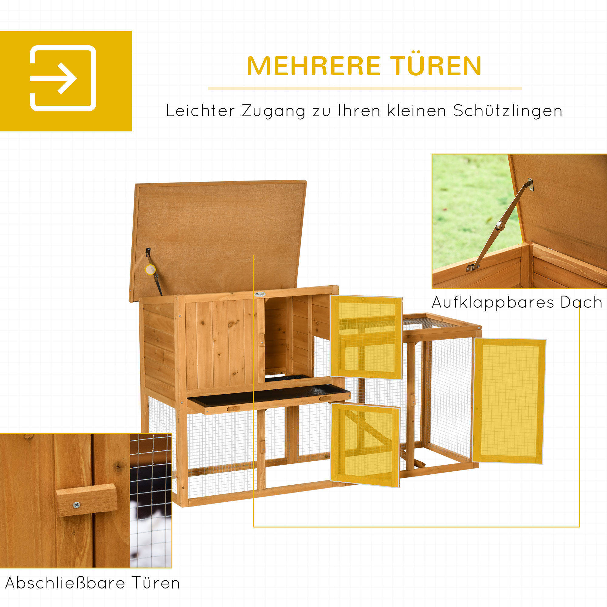 Kleintierstall mit Freigehege, herausnehmbare Bodenwanne, wetterbeständig, 141 cm x 60 cm x 86 cm, Braun