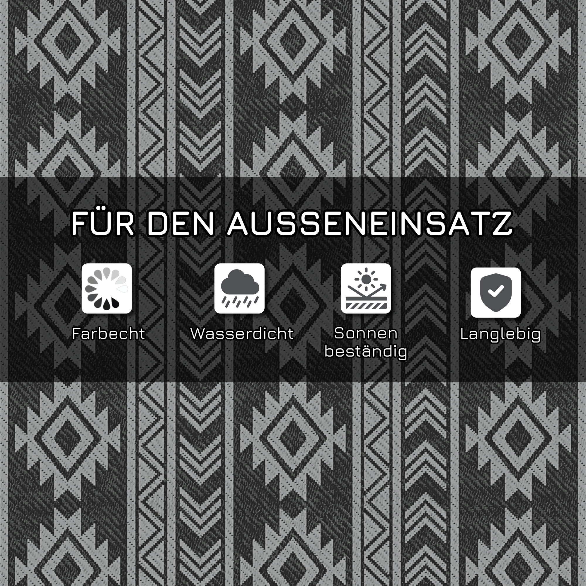 Outdoor-Teppich, wasserdicht, doppelseitiges Design, hochwertige Kunststofffaser, schwarz+grau, 182 x 274cm