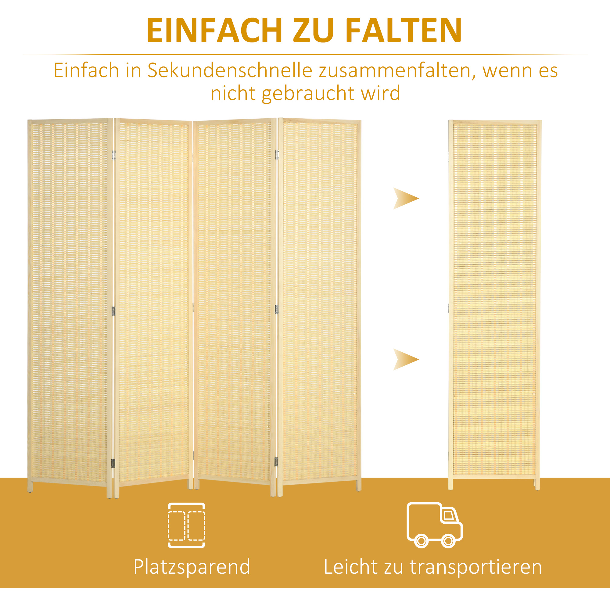 4-teiliger Raumteiler, 180 x 180 cm, Faltbarer Sichtschutz aus Bambus und Baumwolle für Wohnzimmer, Schlafzimmer, Natur