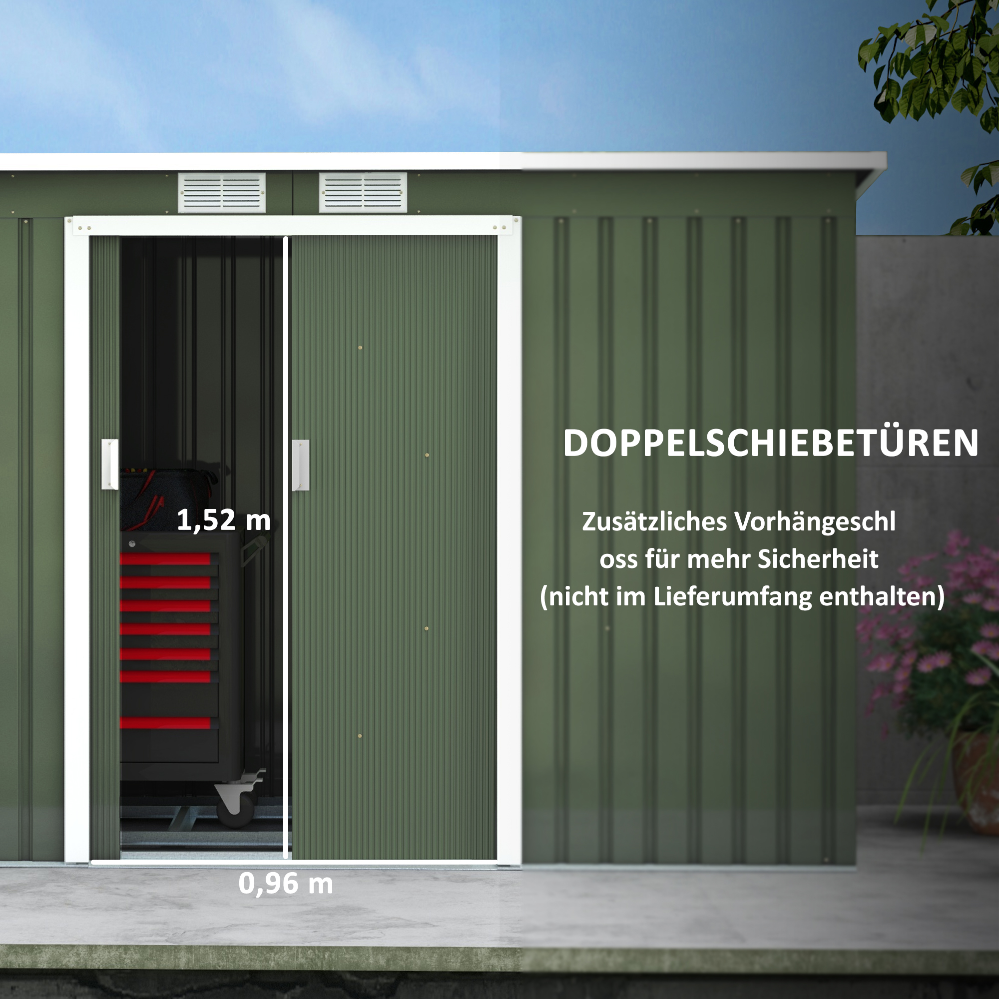 Metall Gerätehaus 6,3m³ 280x130x172cm Geräteschuppen mit Pultdach Schiebetür wetterfest Gartenhaus Outdoor Garten Schuppen Schrank für Hinterhof Außenbereich Anthrazit, Hellgrün