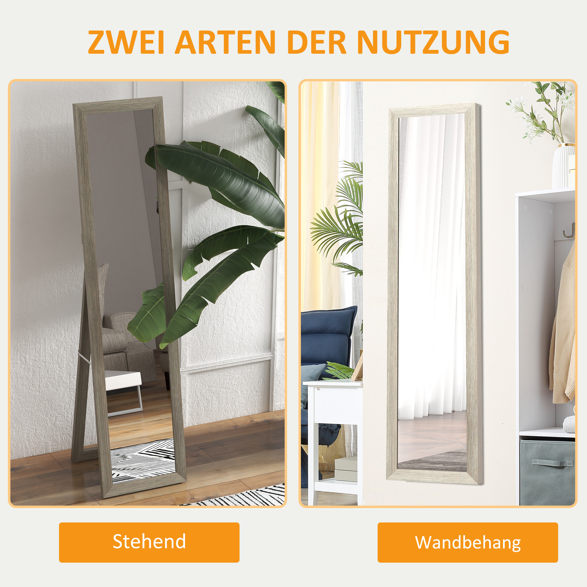 Standspiegel Bodenspiegel Wandspiegel, inkl, Wandbefestigung, Holzoptik, 37 cm x 40 cm x 155 cm, Braun