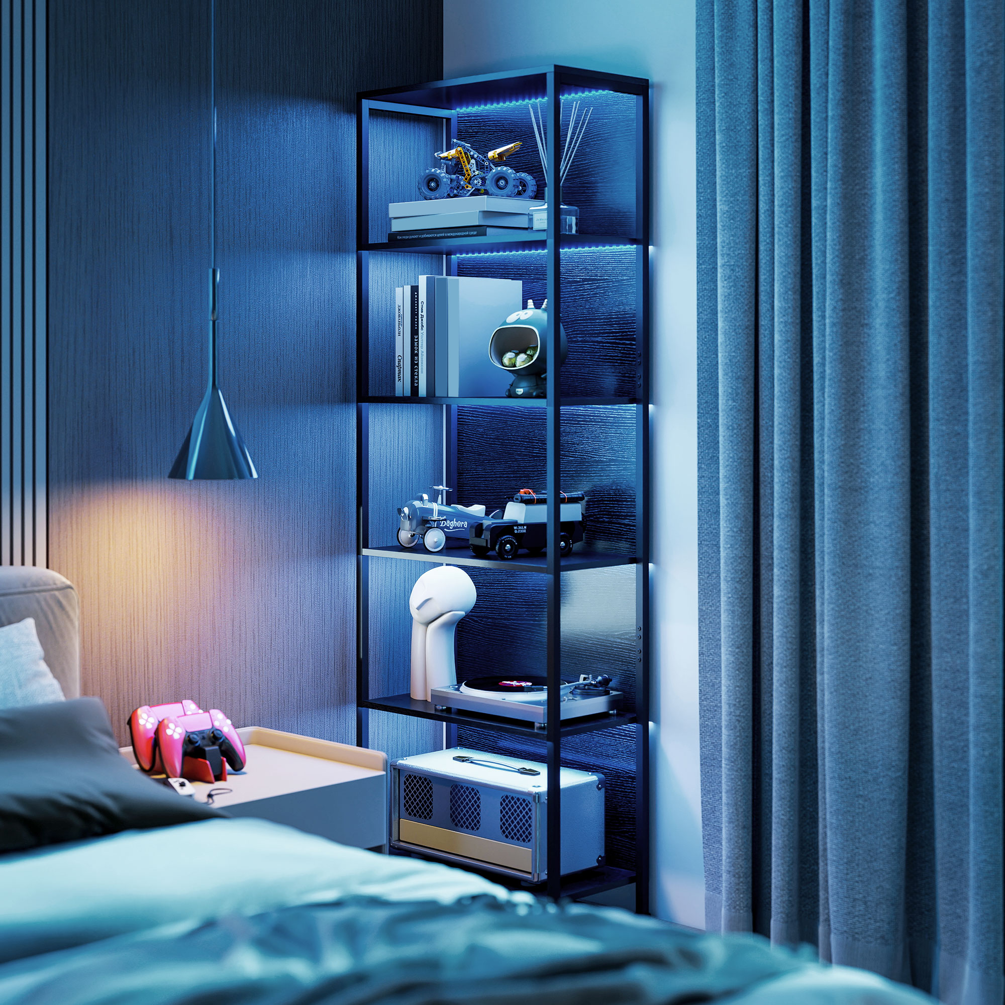 Bücherregal mit 5 Ebenen Standregal mit LED-Beleuchtung, 7 Lichtfarben, für Wohnzimmer, 60 x 30 x 179 cm Schwarz