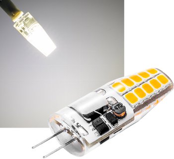 LED Stiftsockellampe G4 "Silikon W2" - 4200k, 220lm, 300°, 12V/2W, neutralweiß LED Stiftsockellampe G4 "Silikon W2" - 4200k, 220lm, 300°, 12V/2W, neutralweiß