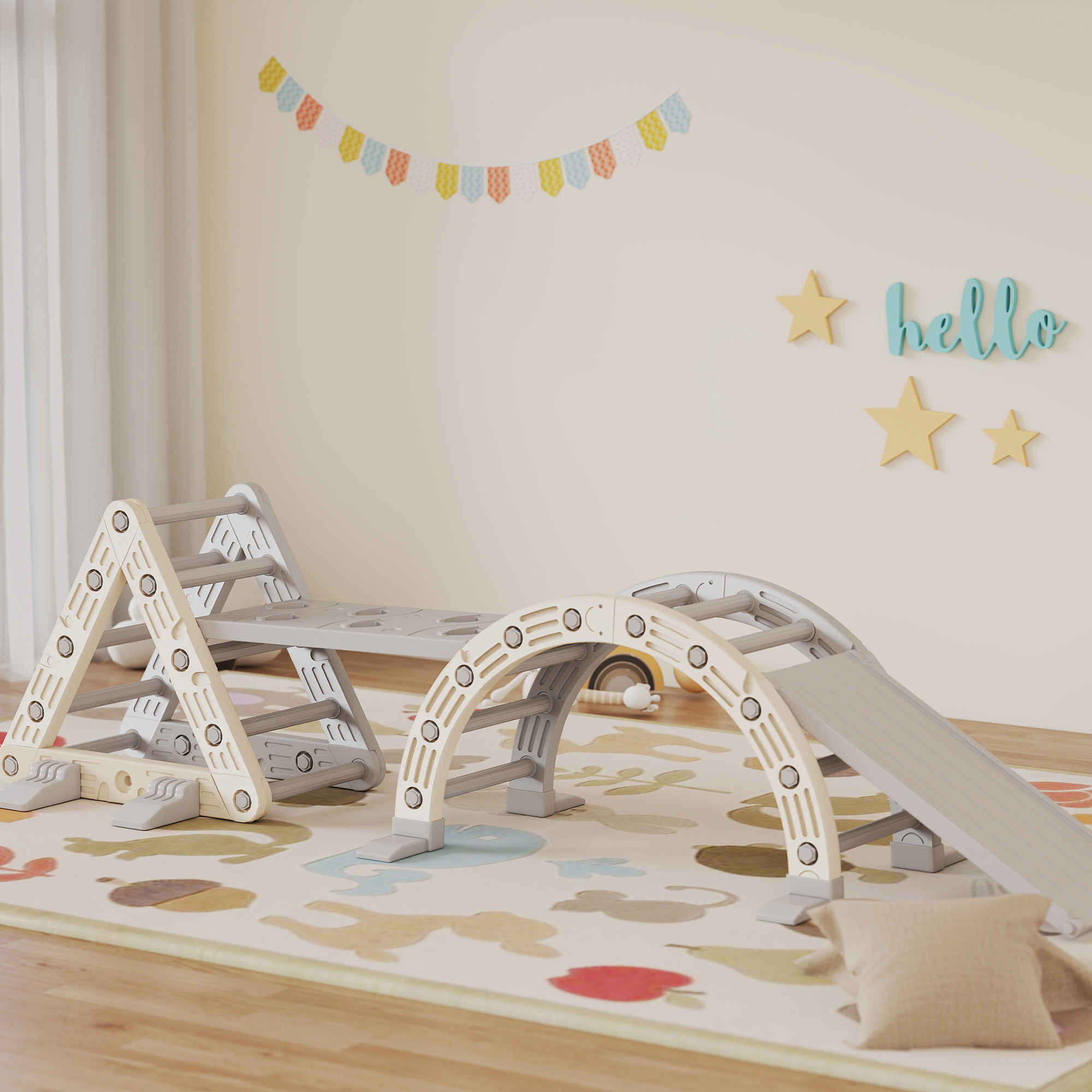 Klettergerüst Indoor, 5 in 1 Kletterdreieck mit Rutsche, Kletterbogen, inkl. doppelseitige Rampe, Spielplatz Indoor für Kinder 18-48 Monate, Grau+Weiß