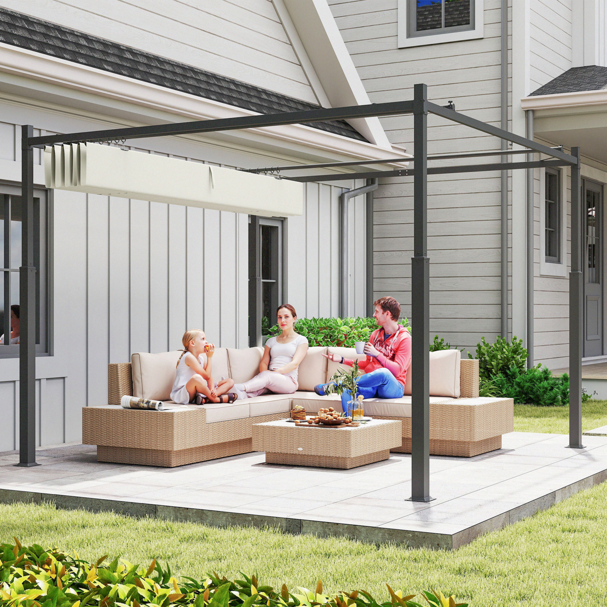 Garten-Pergola, 3 x 3 m, Ausziehbares Dach und Magnetpad, Outdoor-Baldachin, Garten-Pavillon, UPF30+, Metall, Cremeweiß