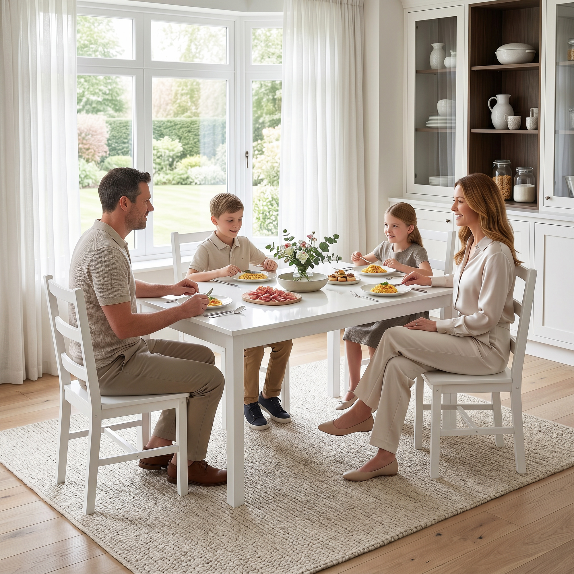 5-teiliges Esszimmer-Set für 4 Personen, rechteckiger Esstisch und Stühle aus massivem Holz, für kleine Räume, Weiß