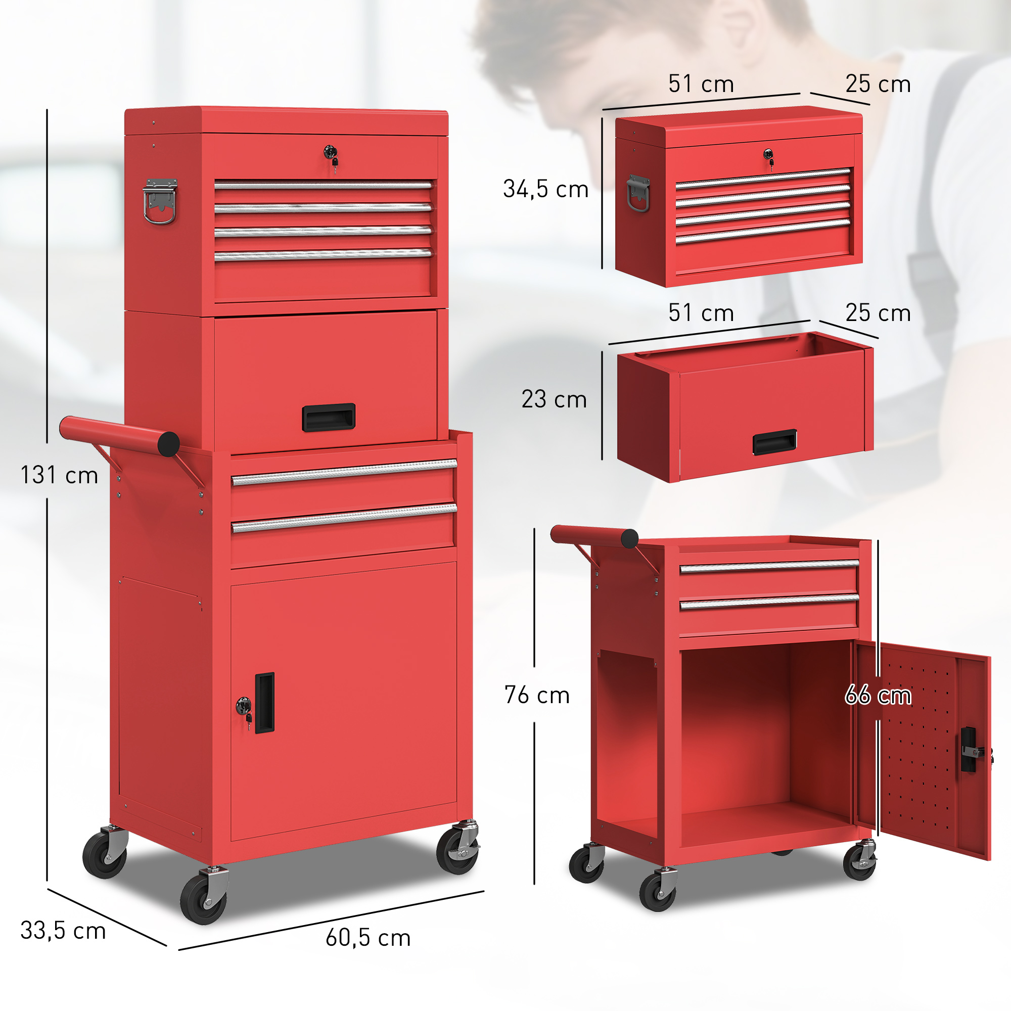 rollbarer Werkzeugschrank, 6 Schubladen, 2 Schränke, Stahl, verschließbar, Rot