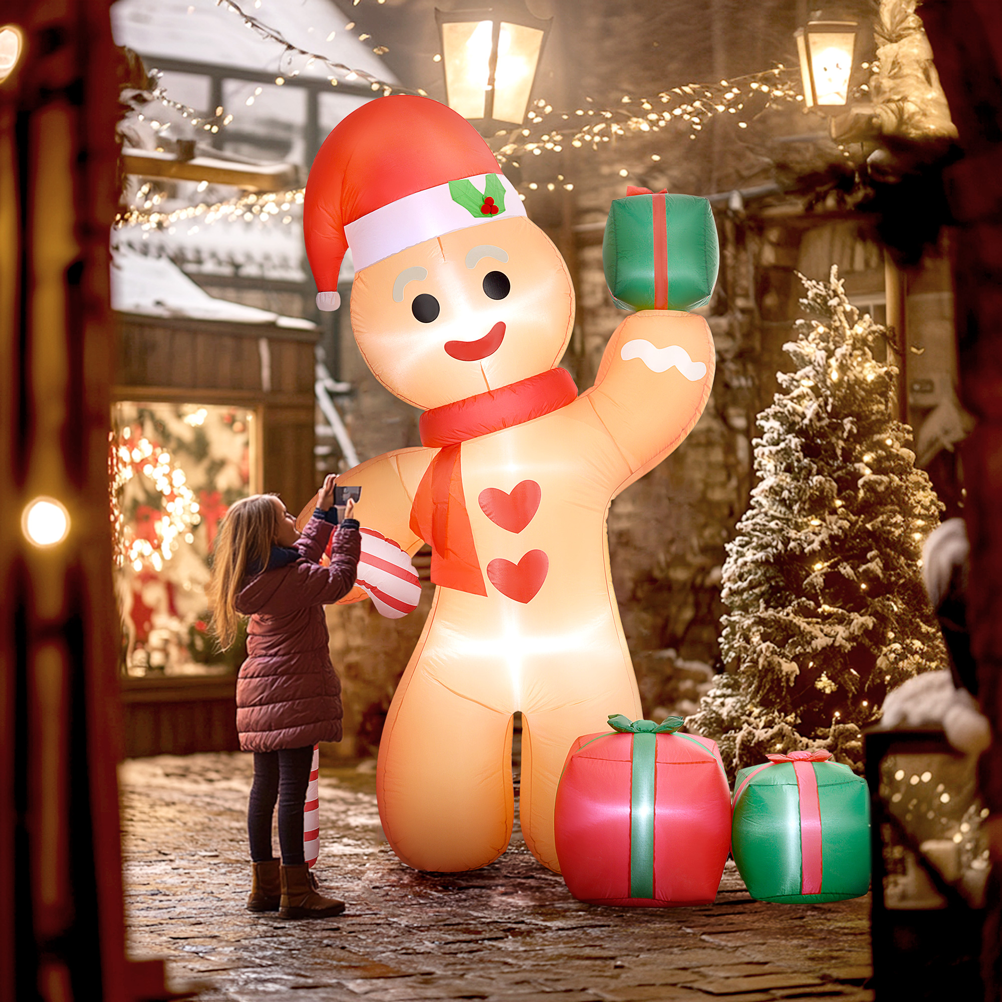 Lebkuchenmann mit Zuckerstange, 2,45 m groß, aufblasbar, weiße LED-Beleuchtung, 170 x 100 x 245 cm