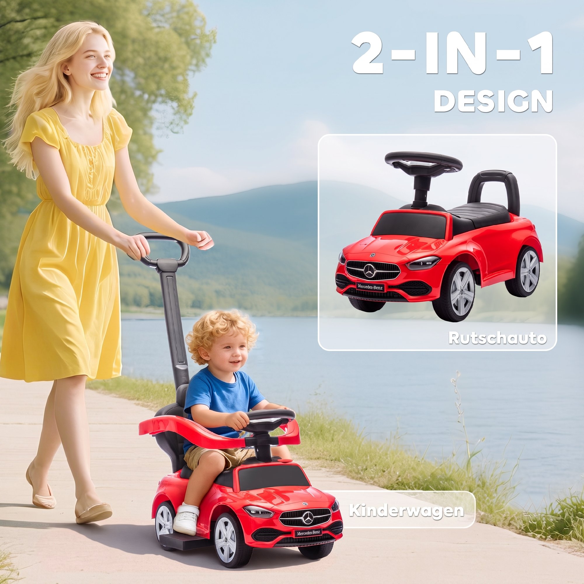 Rutschauto mit Schiebstange 2-in-1 Rutschfahrzeug mit abnehmbarem Griff, Sicherheitsgeländer, Stauraum, Hupe & Lenkrad