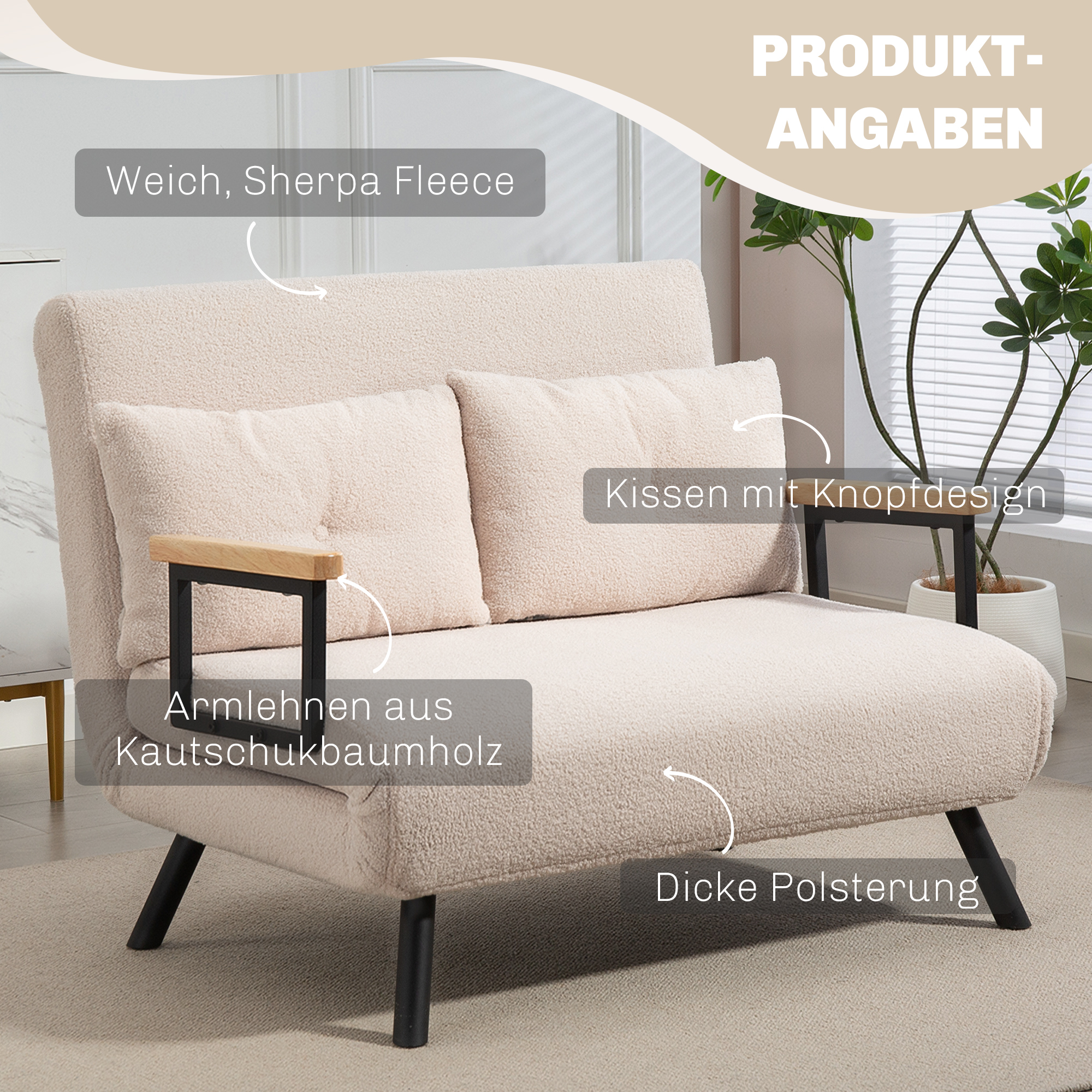 Schlafsofa 2er-Sofa Samtsofa, Schlaffunktion, inkl. 2 Kissen, Samtoptik, Natur + Beige + Schwarz