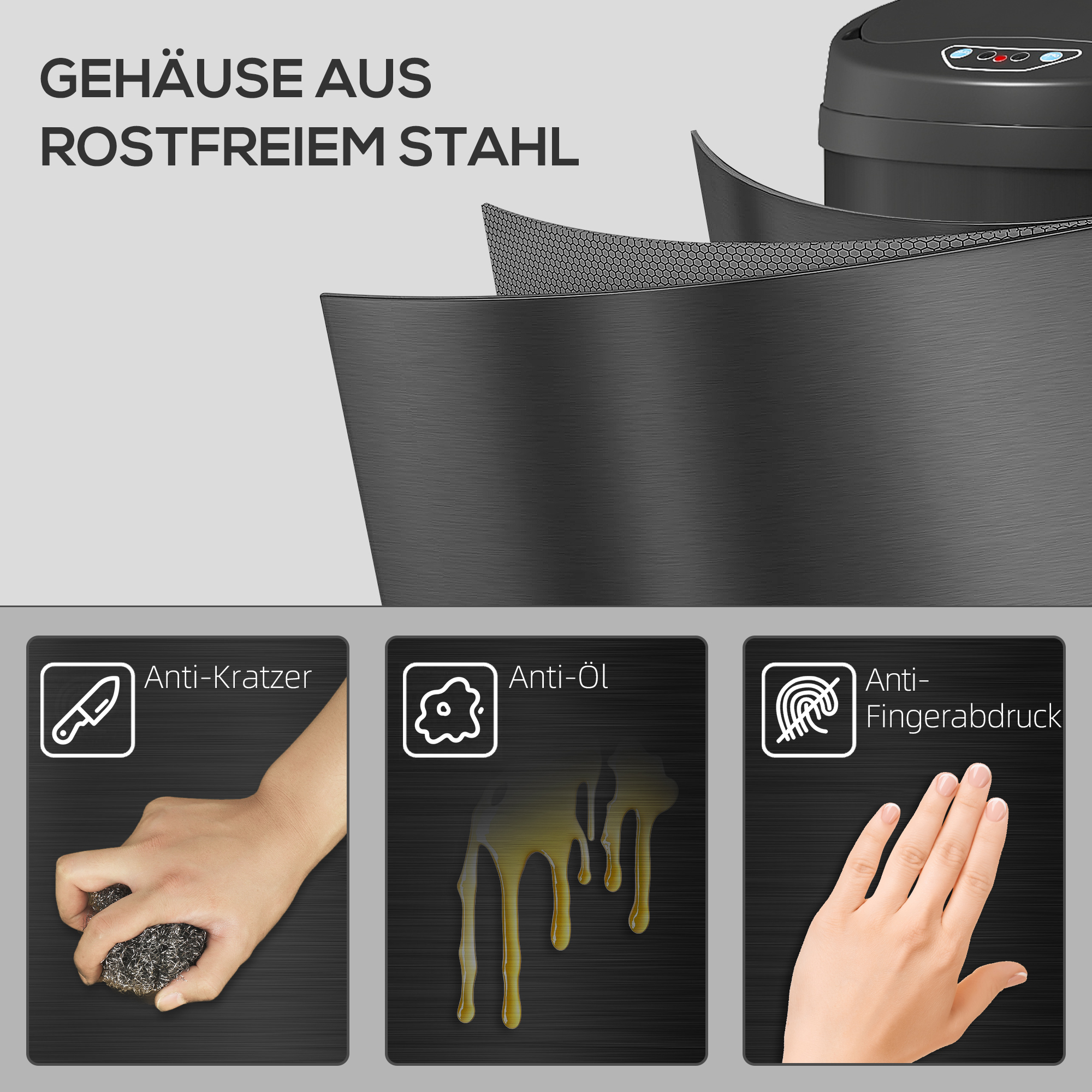 50 Liter Sensor-Mülleimer mit Soft-Close-Funktion, berührungsfreier Abfalleimer aus Edelstahl für hygienische Küchen