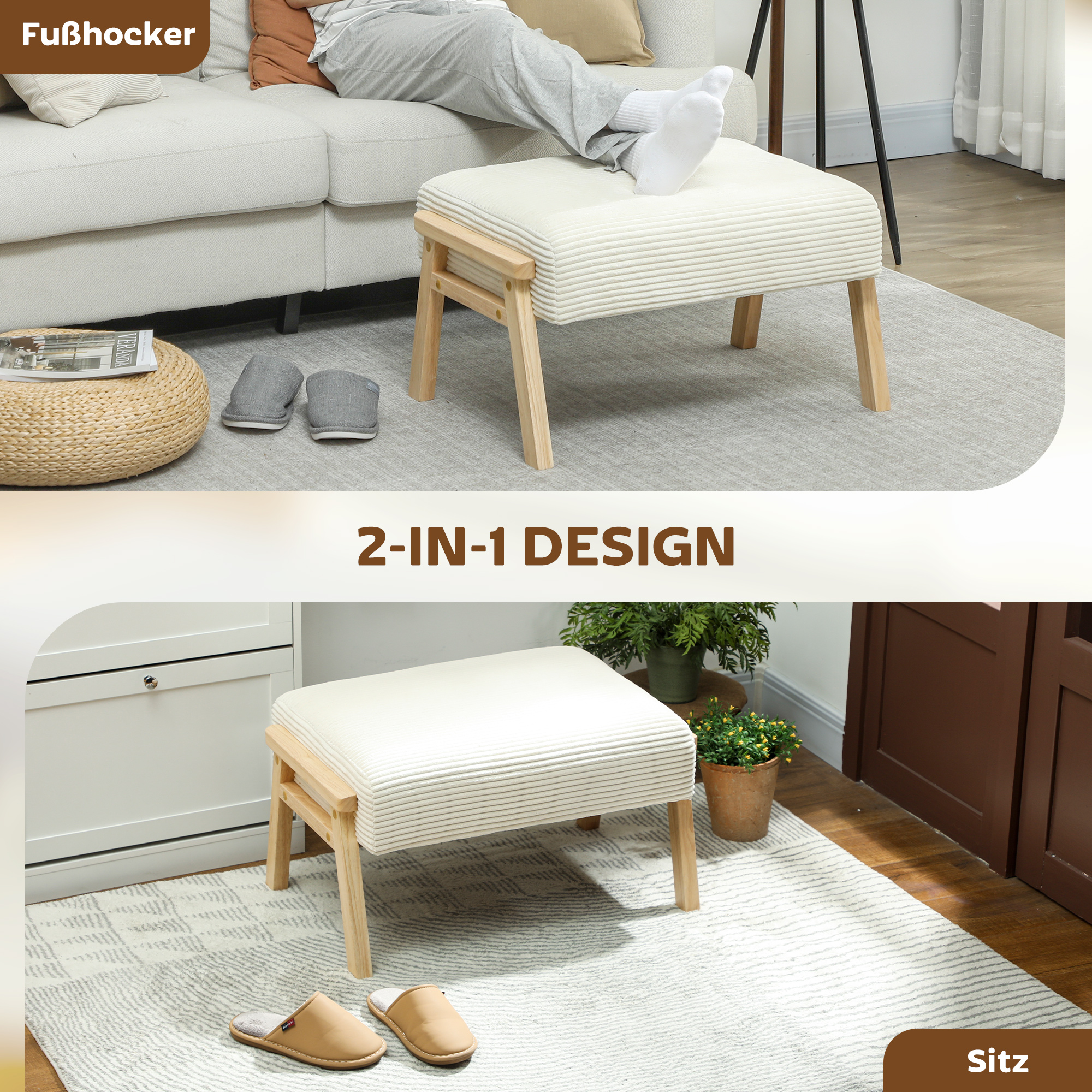 Sitzhocker Hocker mit weichem Sitzkissen Holzbeinen Fußhocker mit Cordoptik Cremeweiß