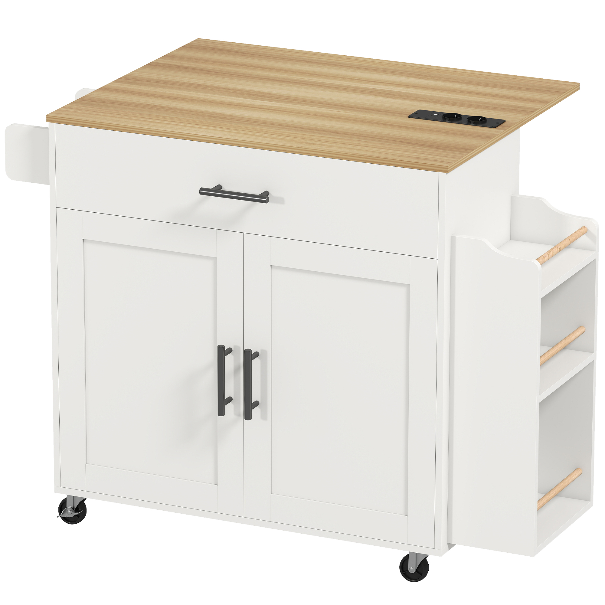 Kücheninsel, Küchenwagen auf Rollen, mit abklappbarer Arbeitsplatte, Schublade, Ablage, 120 x 68 x 85 cm, Weiß Kücheninsel, Küchenwagen auf Rollen, mit abklappbarer Arbeitsplatte, Schublade, Ablage, 120 x 68 x 85 cm, Weiß