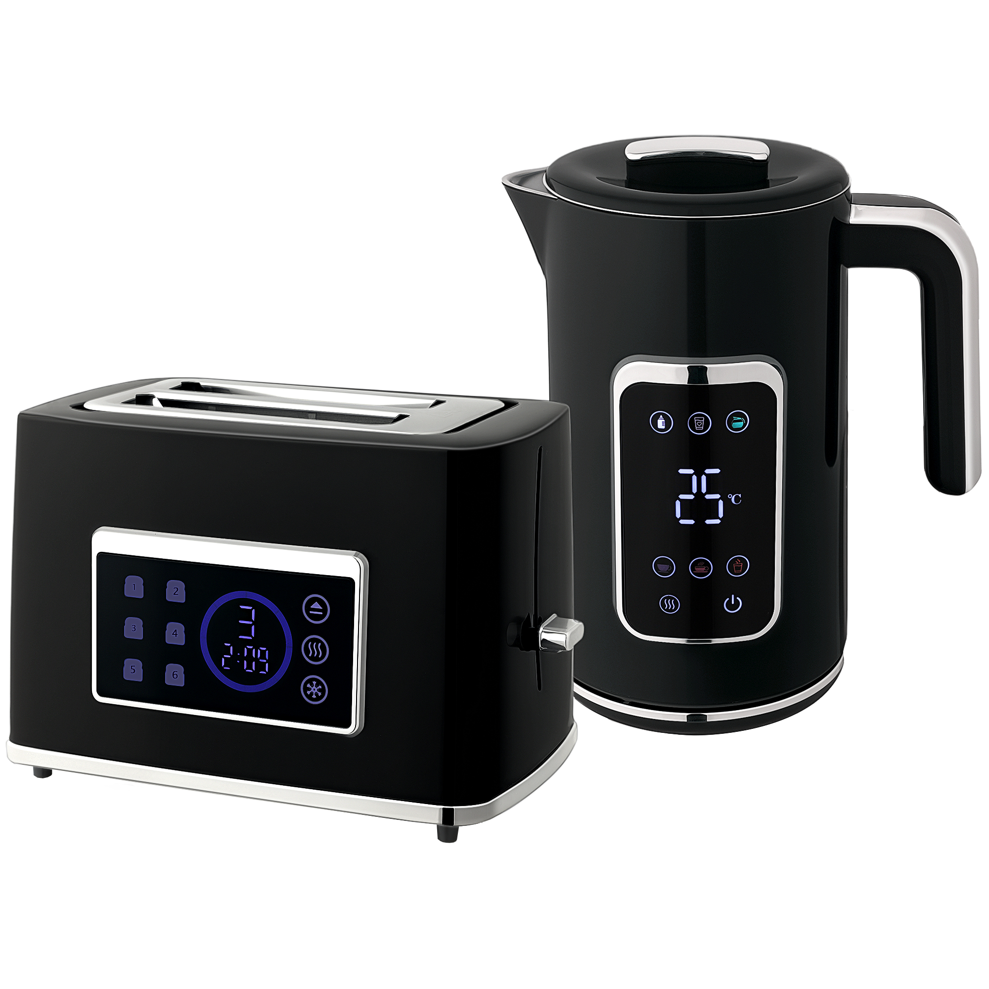 Wasserkocher und Toaster-Set mit LED-Touchscreen, 1,7 L, 2 Toasterschlitze, verschiedene Modi und Funktionen, Schwarz Wasserkocher und Toaster-Set mit LED-Touchscreen, 1,7 L, 2 Toasterschlitze, verschiedene Modi und Funktionen, Schwarz