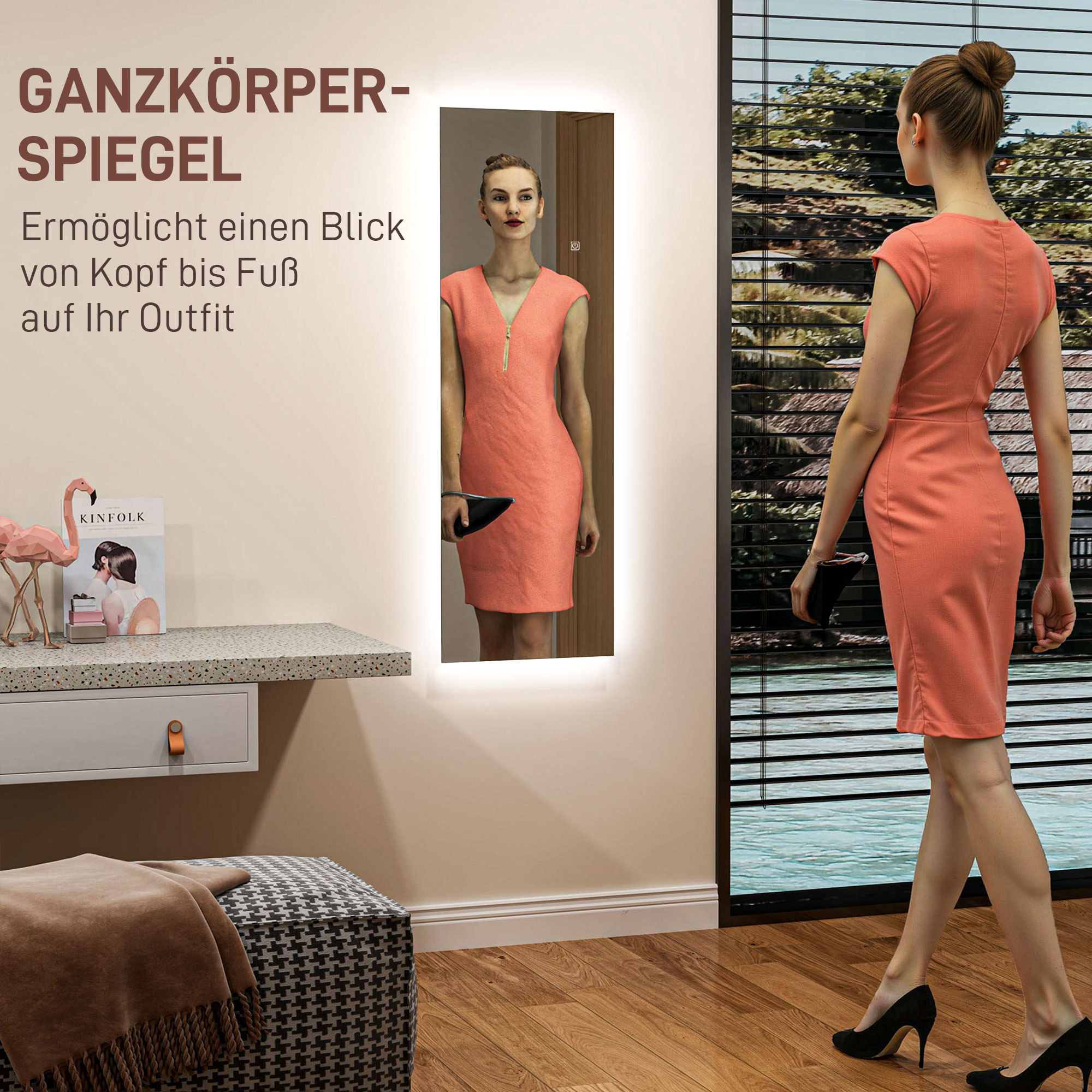 LED Ganzkörperspiegel, dimmbar, rahmenlos, Touch-Steuerung, 40 x 120 cm