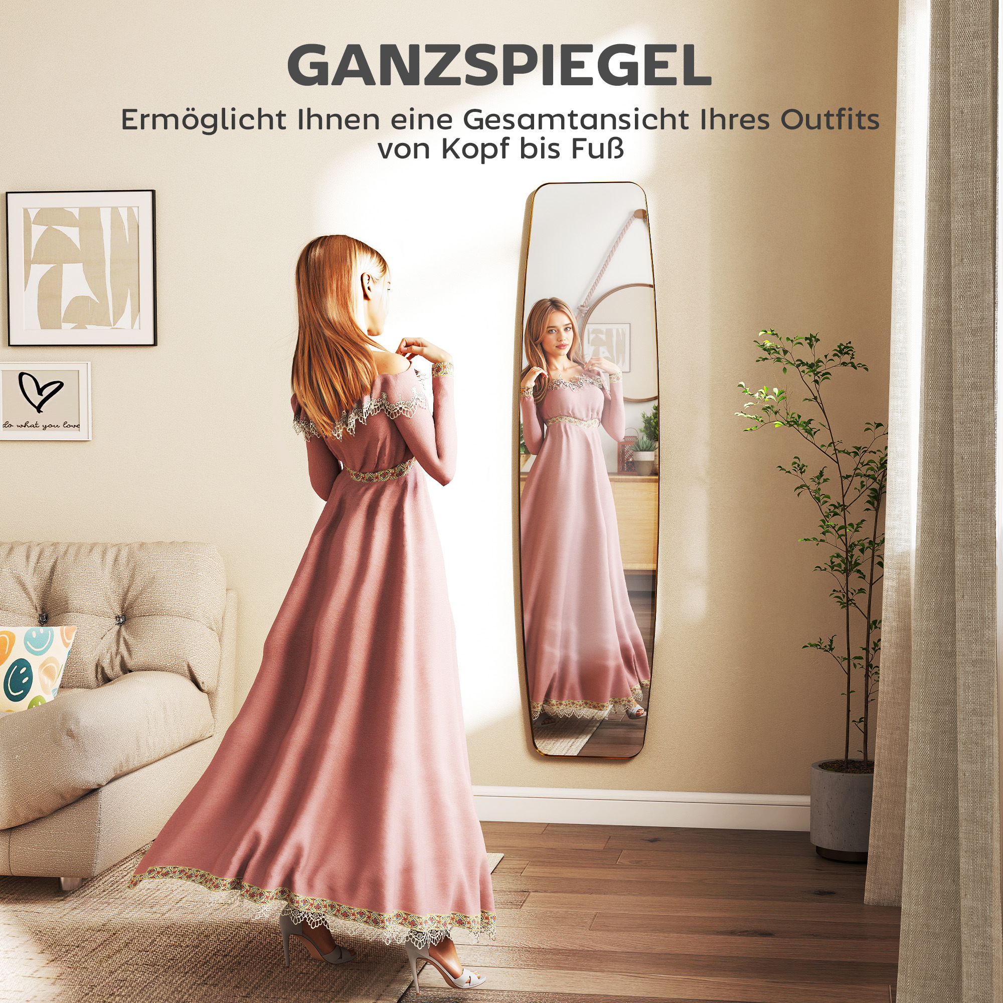 Wandspiegel Fenster Spiegel mit Metallrahmen Dekorativer Hängespiegel Flurspiegel, 160 x 40 x 3 cm, Gold