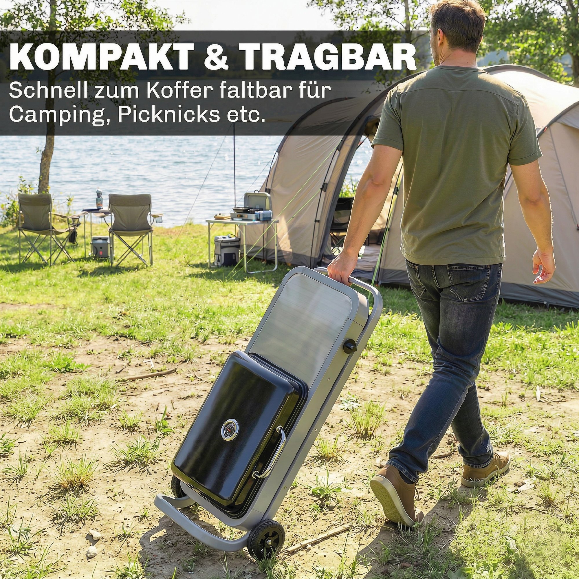 tragbarer Gasgrill 1-Brenner 2,5kW Grillwagen mit Faltbarem Rollwagen Grillrost Seitentisch Deckel Thermometer