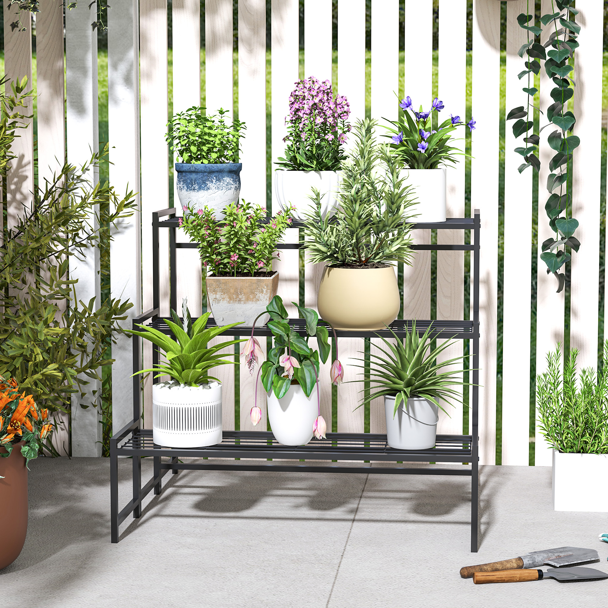 Blumentopfständer, 3-stufiger Pflanzenständer in Treppenform, Blumentopfgestell für drinnen und draußen, Metall, Schwarz