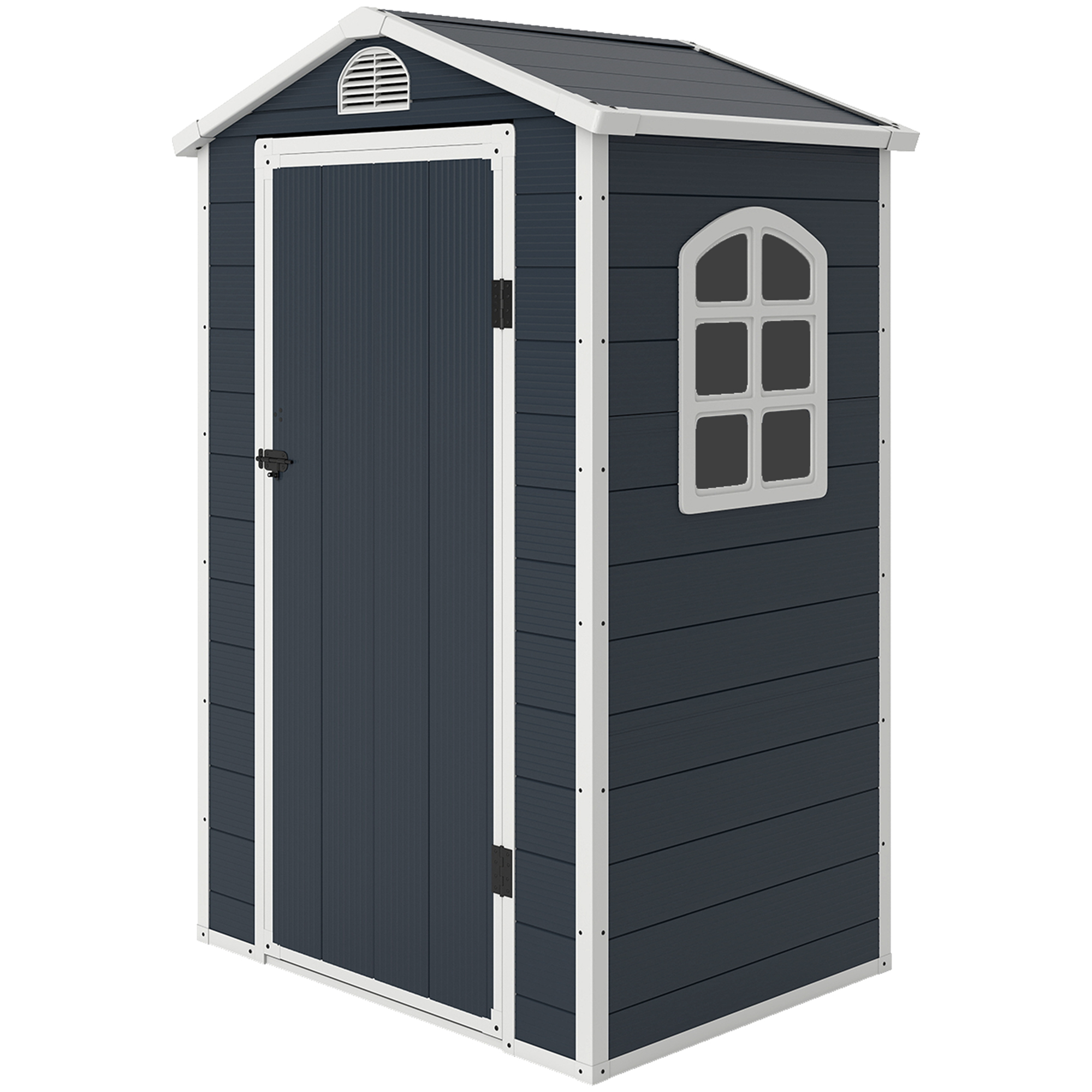 Gerätehaus 1,1m², Geräteschuppen mit Satteldach, 134 x 104 x 204 cm, Kunststoff Gartenchuppen mit Abschließbar Tür Belüftungsöffnung Fenster, Gartenhaus für Garten Dunkelgrau