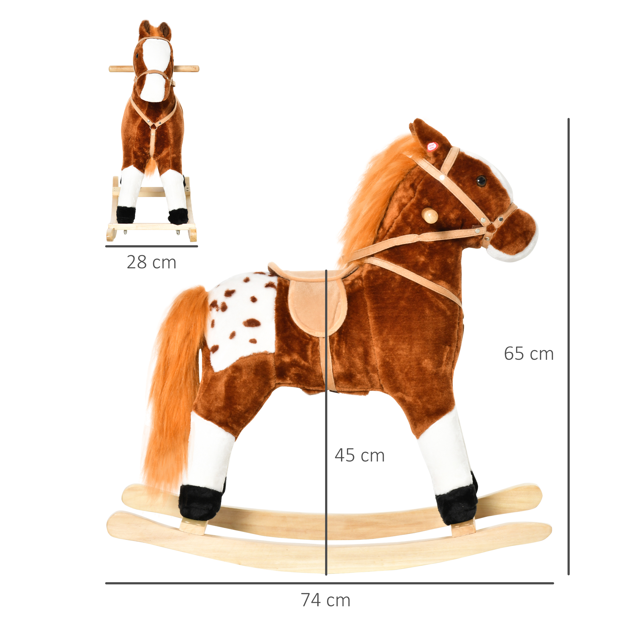 Kinder Schaukelpferd Baby Schaukeltier Pferd mit Tiergeräusche Spielzeug Haltegriffe für 3-6 Jahre Plüsch 74 x 28 x 65 cm Braun