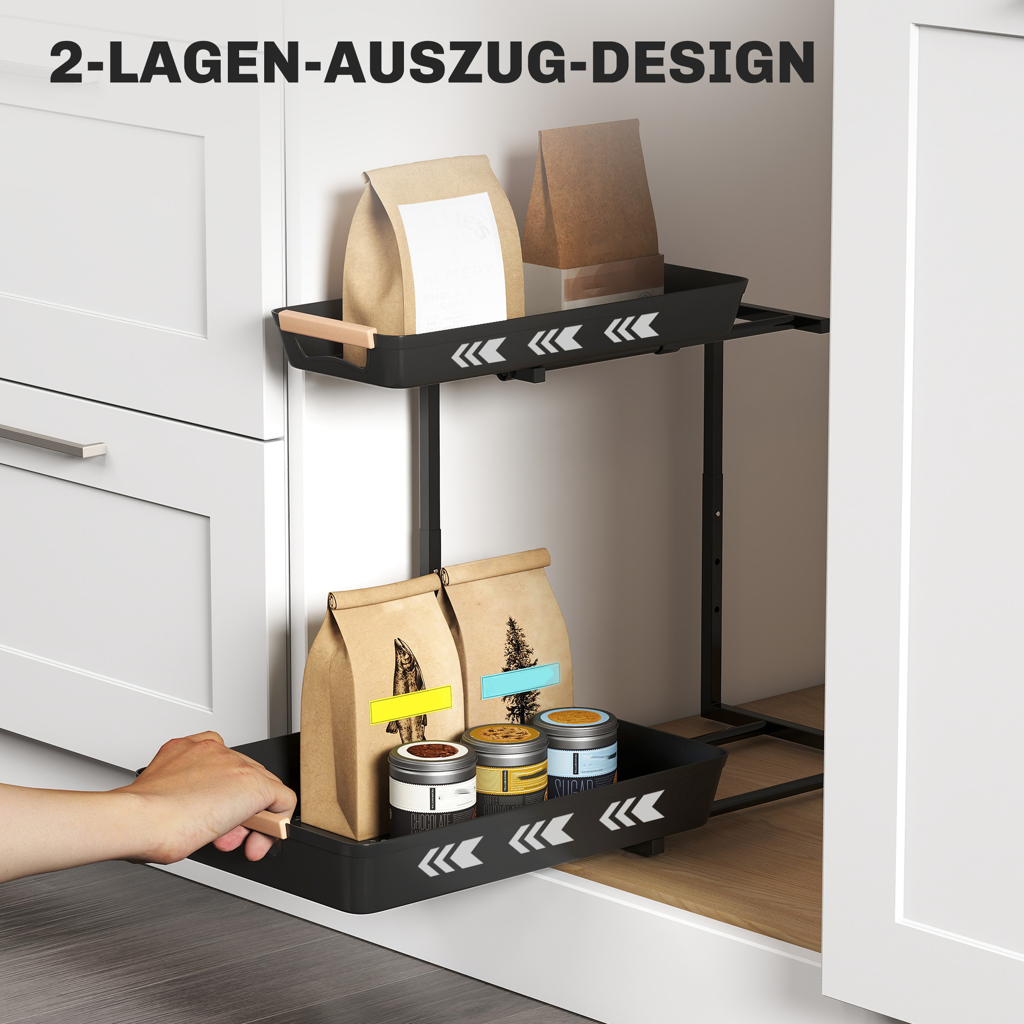 Küchenregal, Höhenverstellbar Standregal mit 2 Körbe, Kaffeebar 40 x 30 x 33,5-42 cm