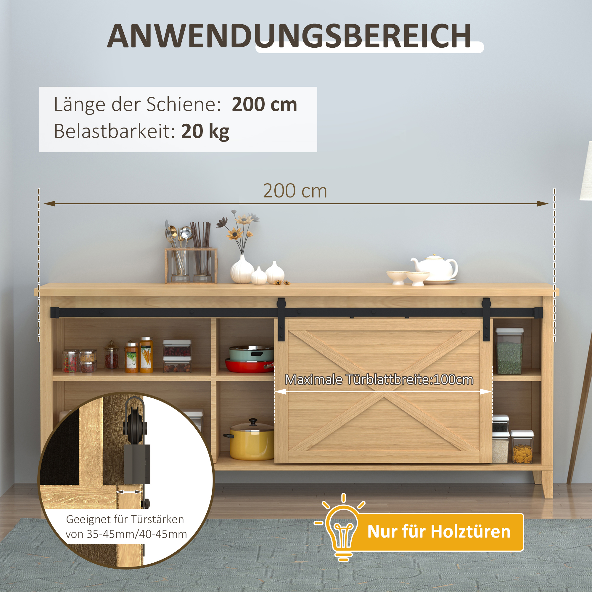 200 cm Schiebetür Komplettset Schiebetürbeschlag mit Bodenführung, Schiebetür Laufschiene, Laufrollen Schiebetürsystem für Einzelholzschiebetür