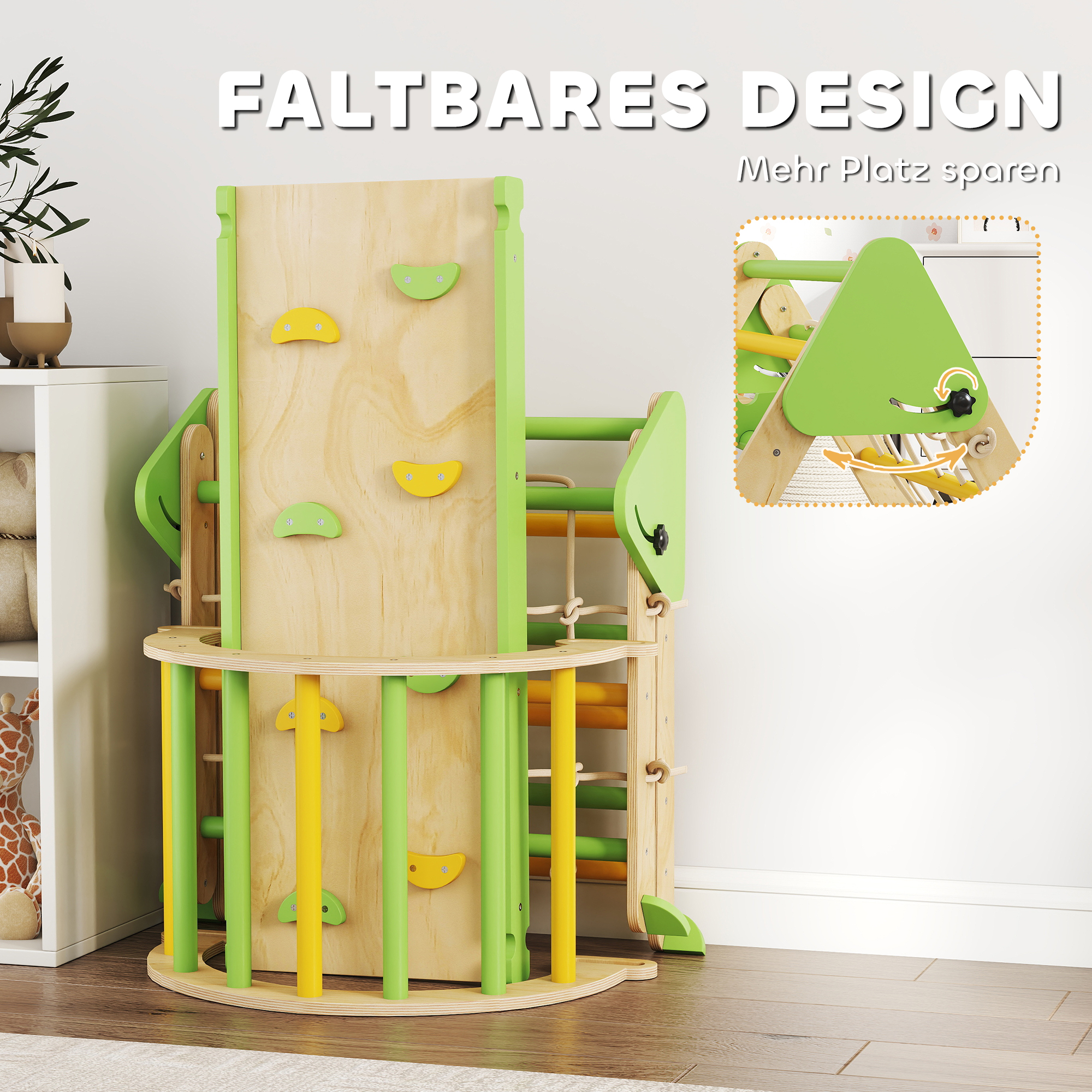 8-in-1 Montessori Klettergerüst Indoor Holz Kletterdreieck mit Kletterbogen, doppelseitiger Rutsche, Grün