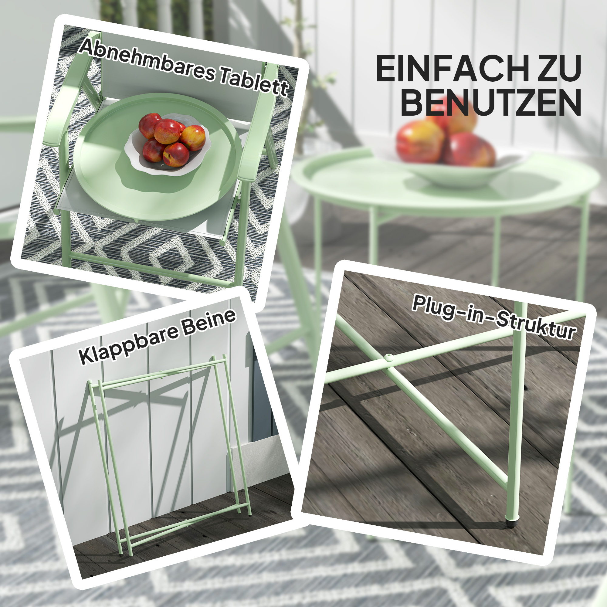 Gartentisch, runder Außen-Beistelltisch aus Stahl mit herausnehmbarem Tablett, faltbares Design, Terrassentisch, Grün