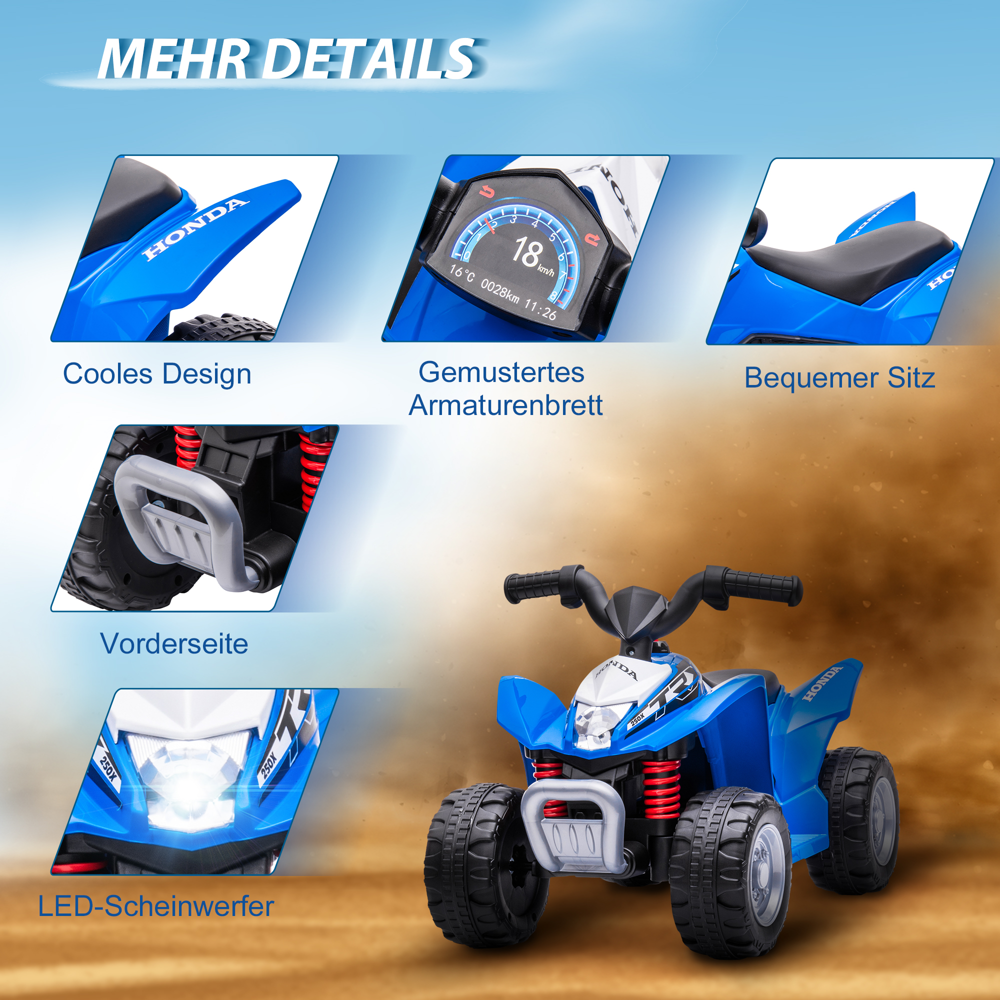 Kinderquad, LED-Licht, Hupe, breite Reifen, bequemer Sitz, rutschfeste Griffe, Blau
