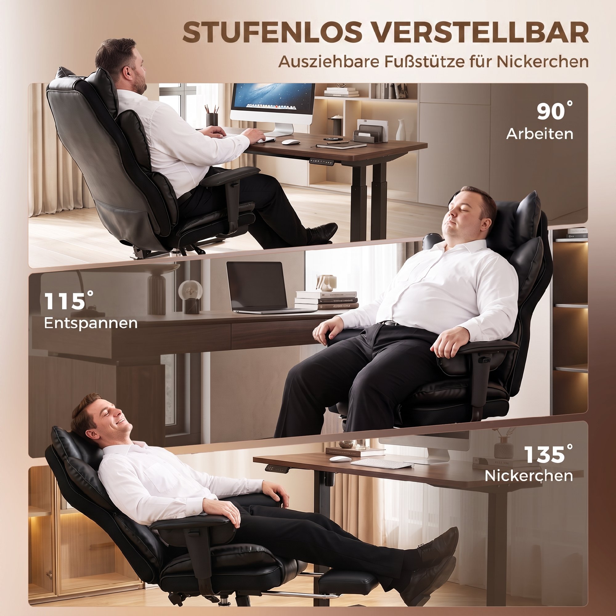 Chefsessel aus Kunstleder bis 180 kg, großer Bürostuhl mit Taschenfederkern und Liegefunktion, schwarz