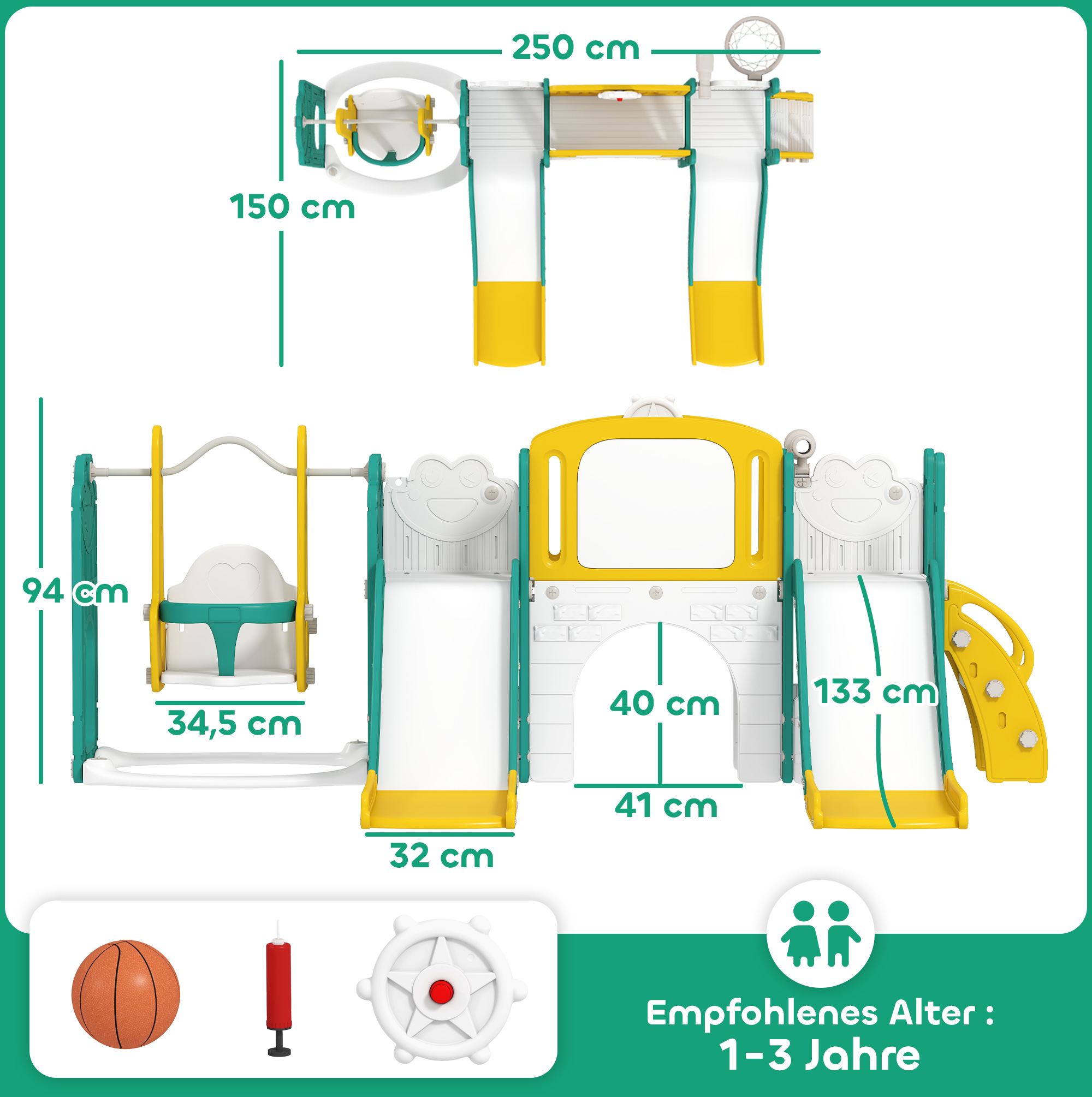 9-in-1 Rutschen- und Schaukelset für Kleinkinder, mit Basketballkorb, Teleskop, Zeichenbrett, Frosch-Design, Gelb+Grün