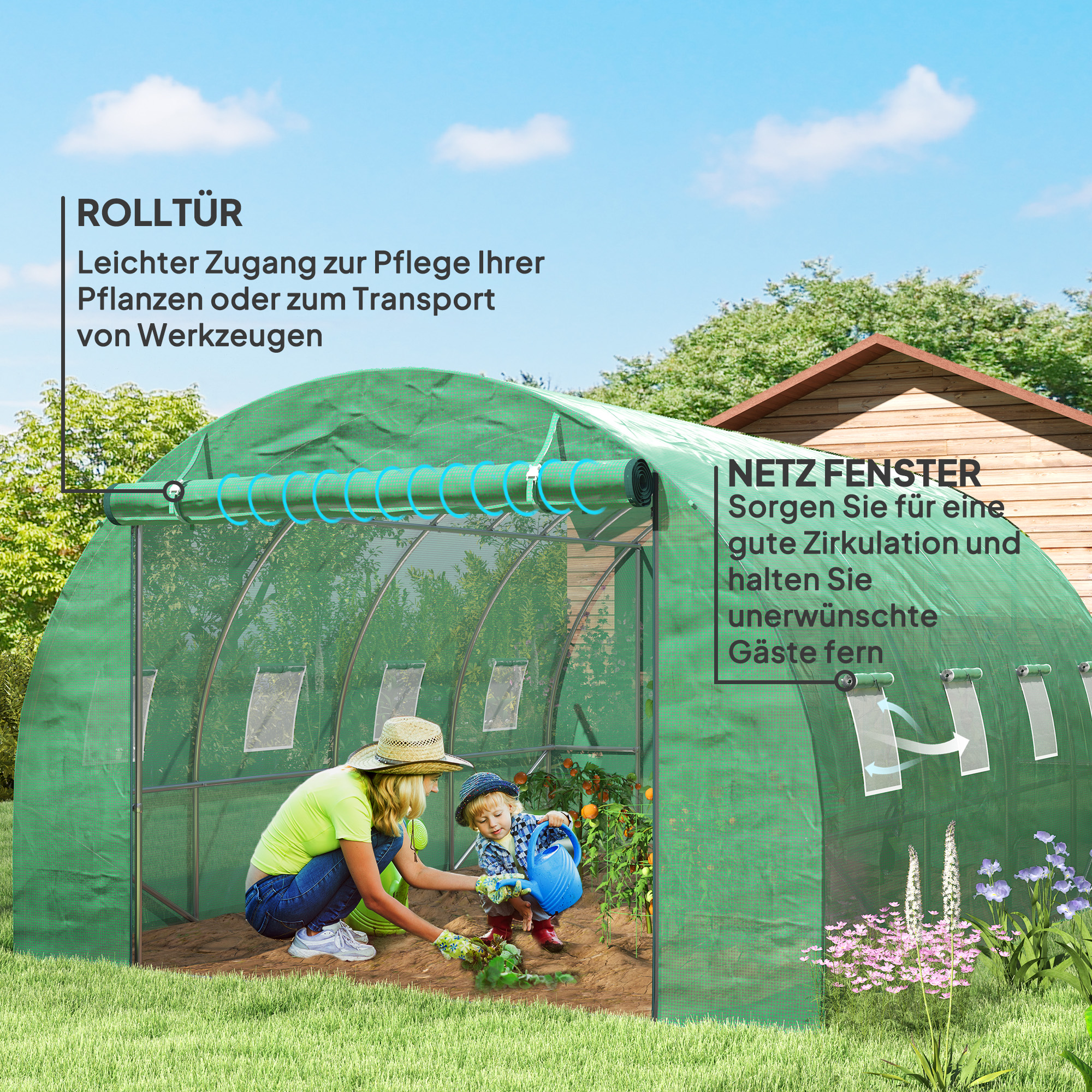 Polytunnel Gewächshaus mit Kunststoff-Abdeckung und Stahlrahmen, begehbares Gewächshauszelt mit Rolltüren, Grün