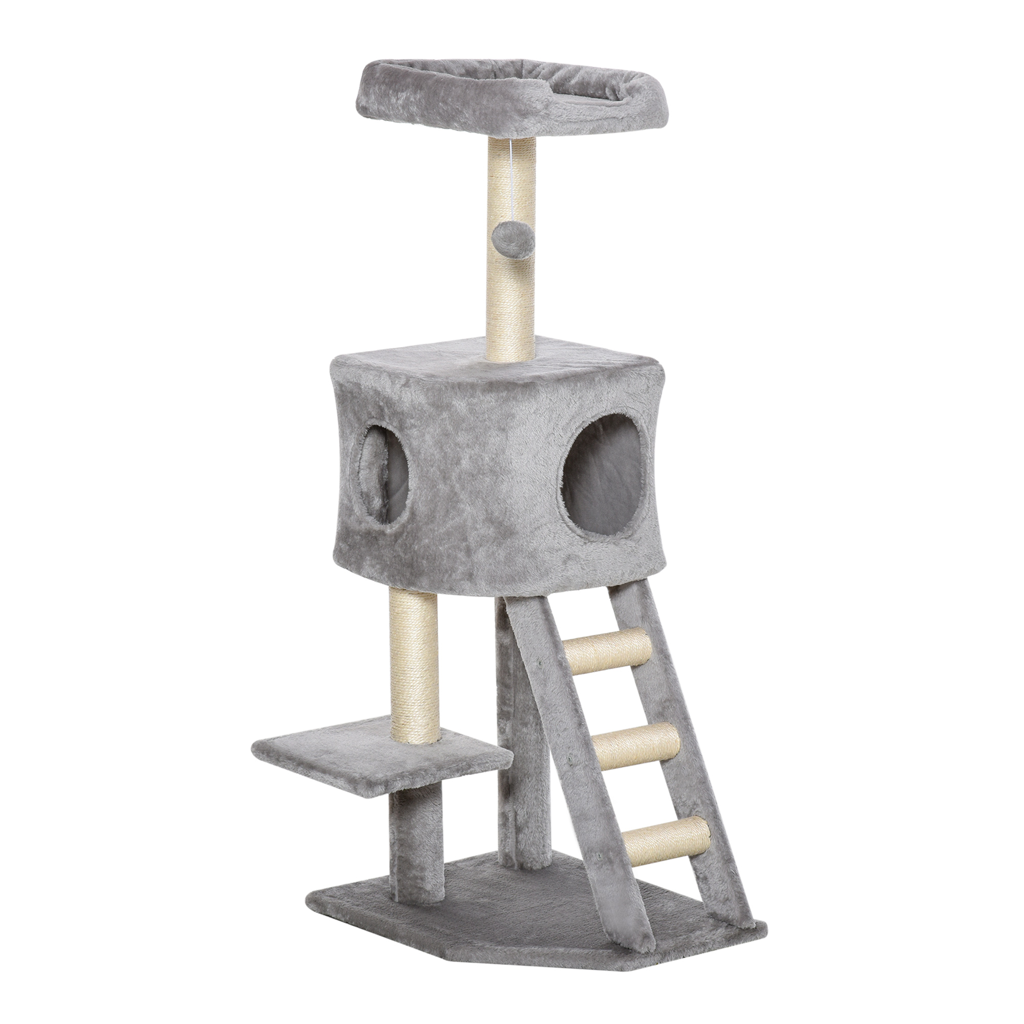 Kratzbaum 120 cm Katzenturm mit Höhle, Spielball, Sisalstämme,  Plattform, Treppe, mehrstöckiger Katzenkratzbaum, Kletterbaum für Katzen, Hellgrau