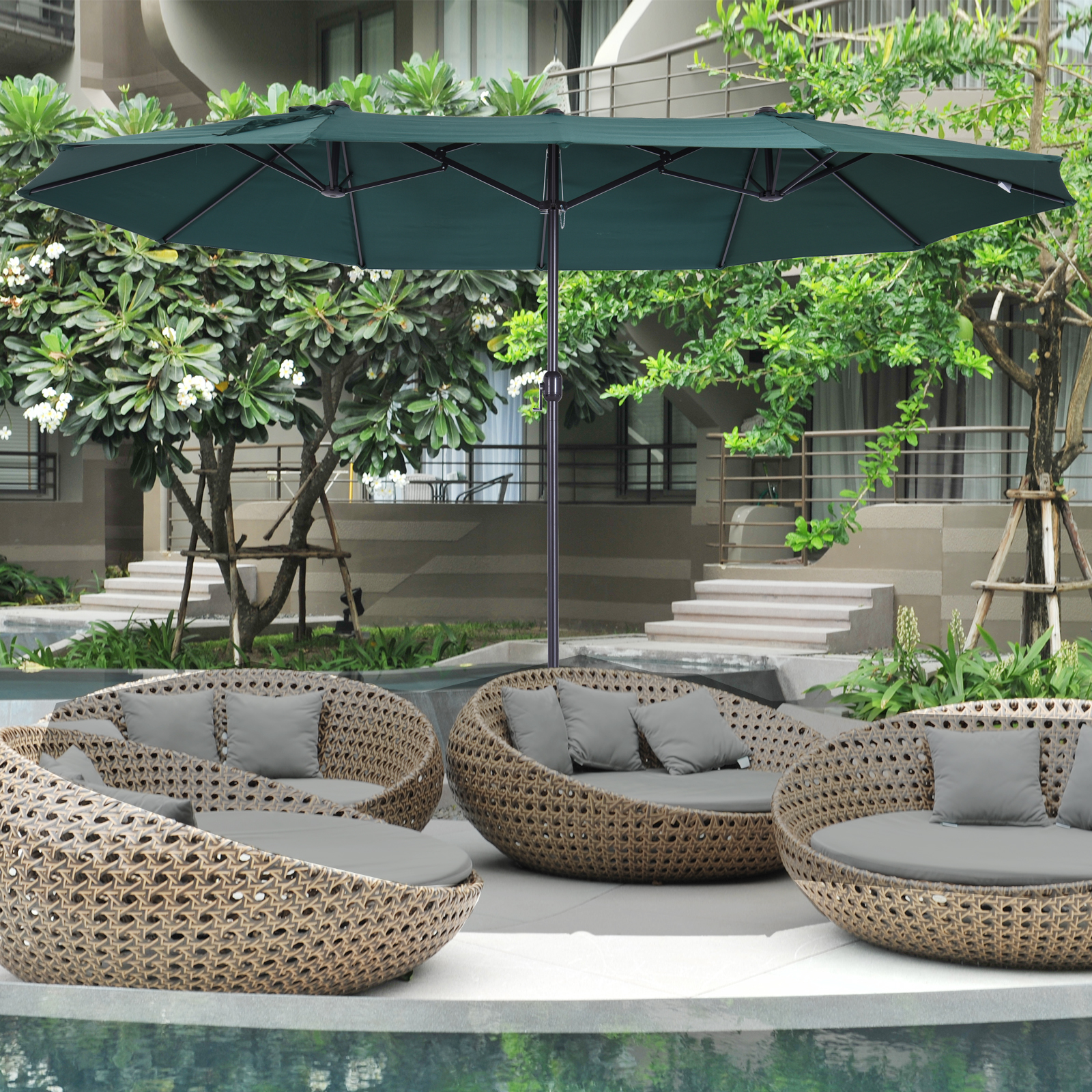 Sonnenschirm Gartenschirm Marktschirm Doppelsonnenschirm Terrassenschirm mit Handkurbel Dunkelgrün Oval 460 x 270 x 240 cm
