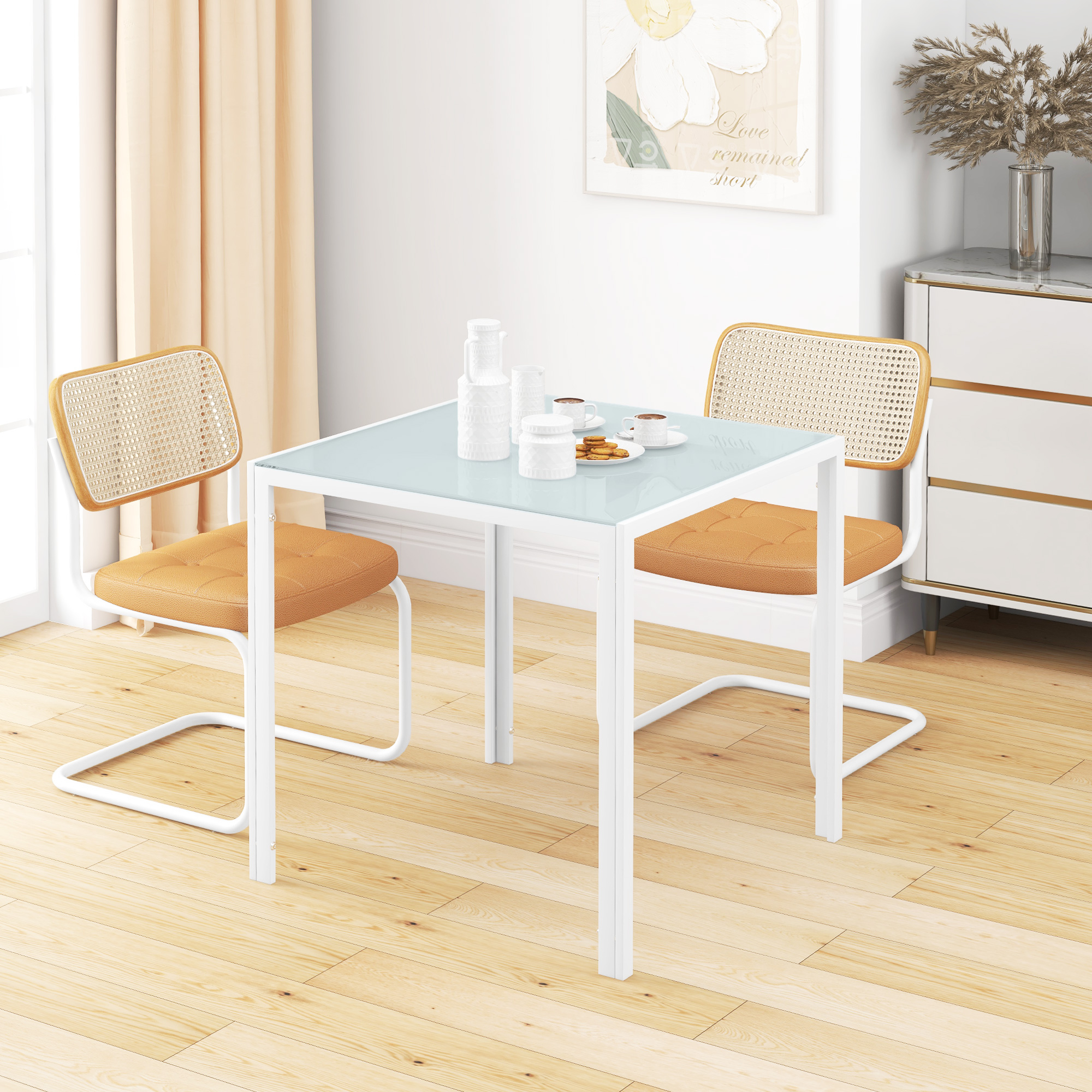 Quadratischer Esstisch für 4 Personen, Tischplatte aus Hartglas, für Küche und Esszimmer, 75 x 75 x 75 cm, Weiß