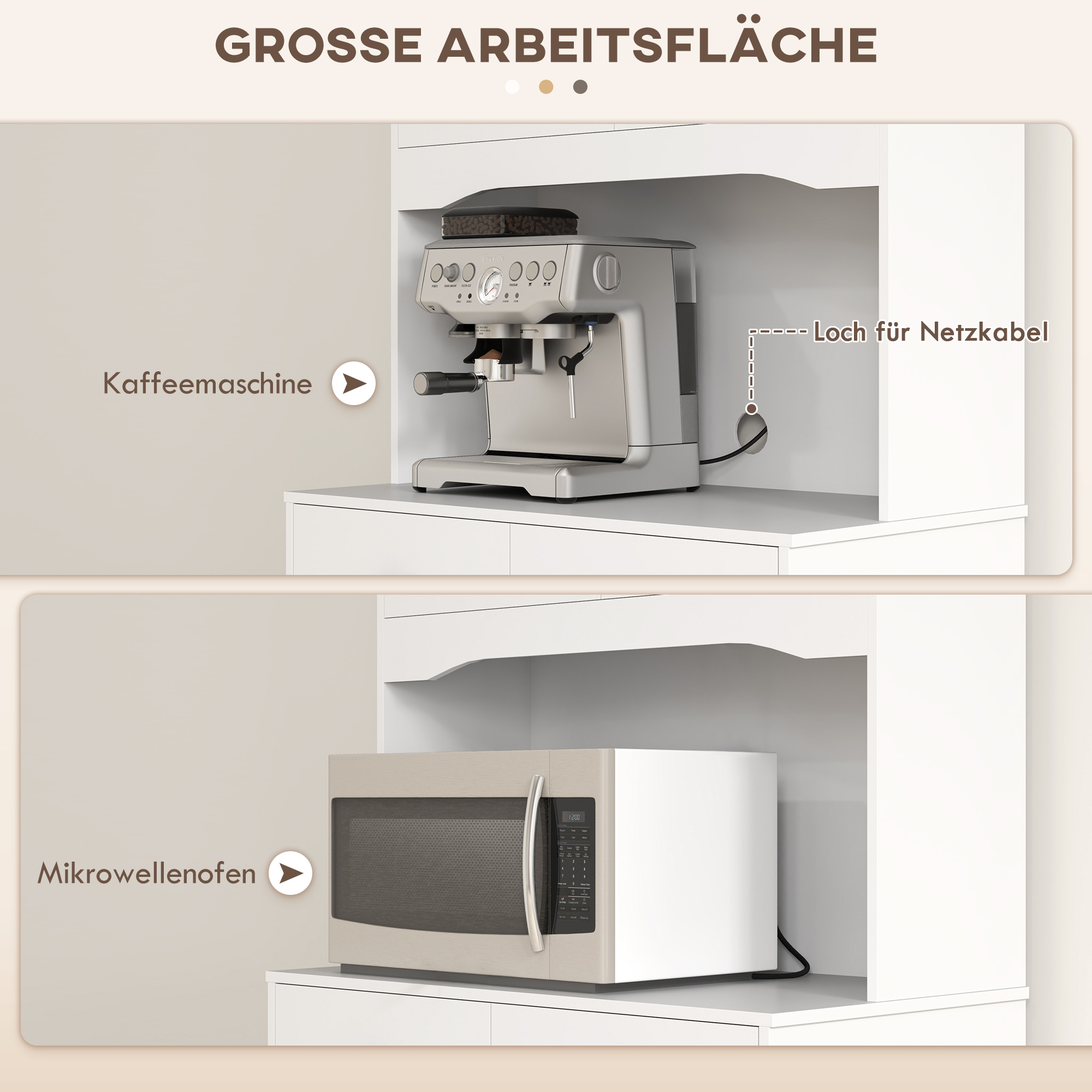 freistehender Küchenschrank mit Arbeitsplatte für Mikrowelle, Kaffeemaschine, Schränke, Glastüren, Weiß