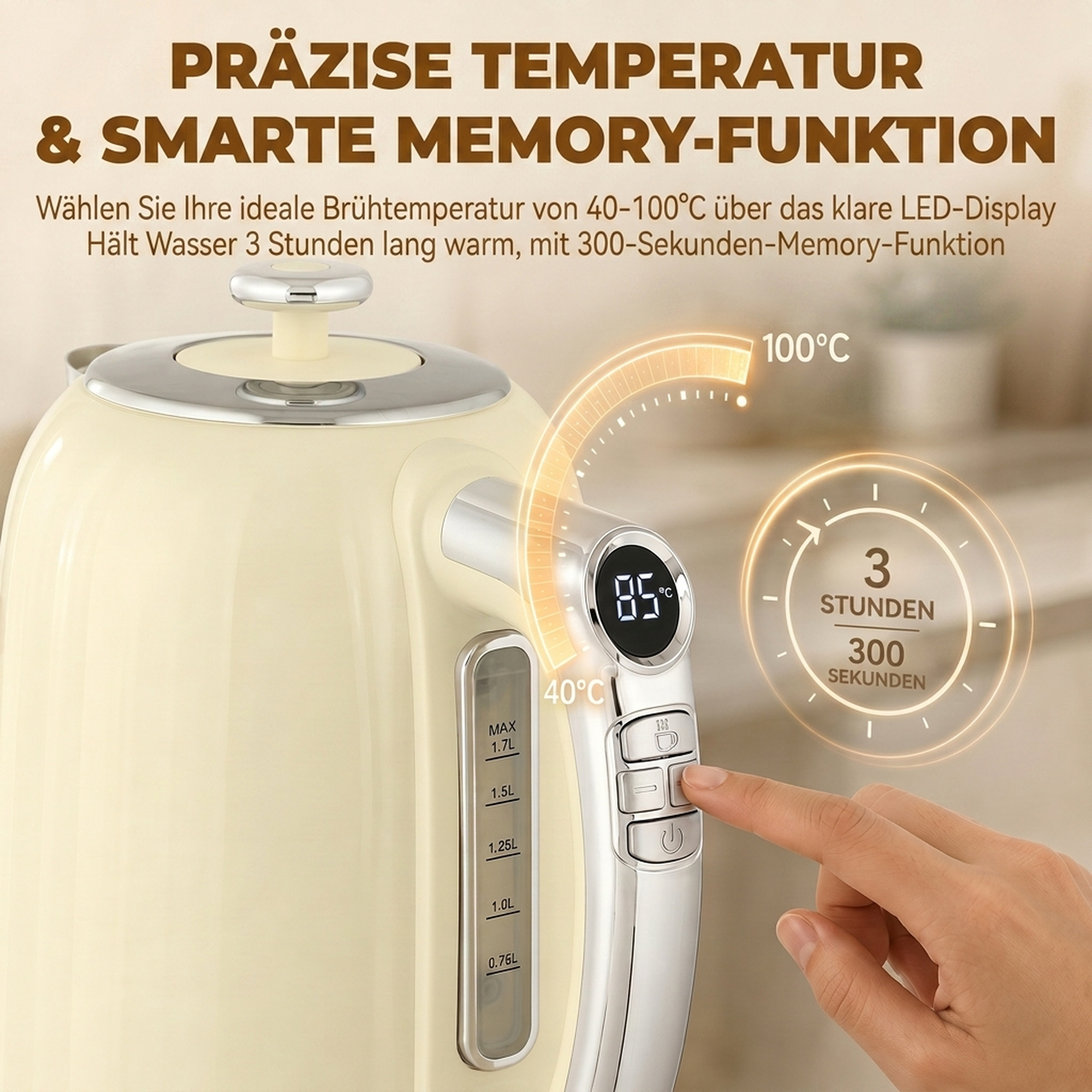 Wasserkocher- und Toaster-Set mit LED-Display, 1,7-L-Wasserkocher mit 3 Std. Warmhaltefunktion, Creme