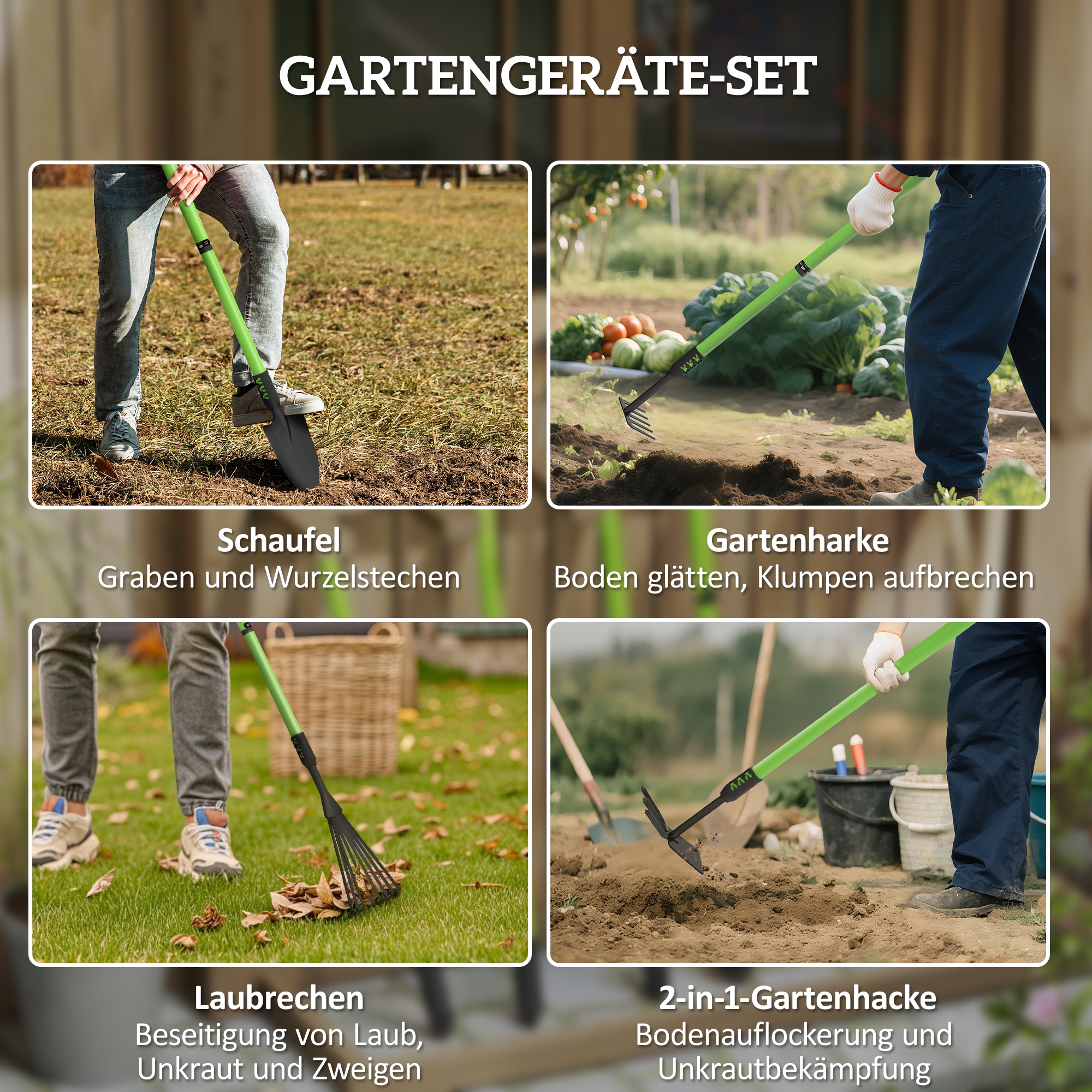 Gartenwerkzeug-Set 4 Stück Gartengeräte-Set mit Schaufel Gartenhacke Gartenrechen Laubrechen Grün