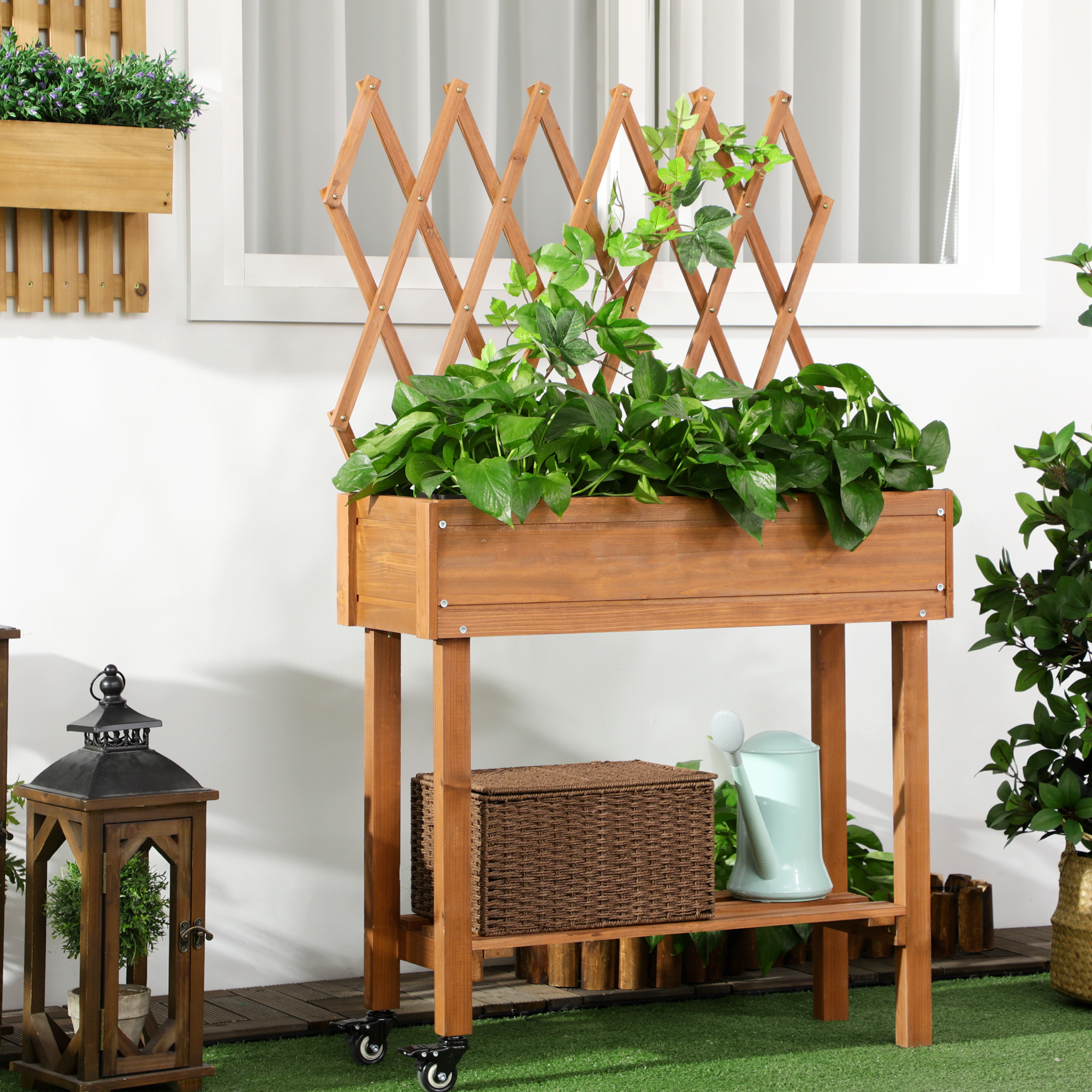 Hochbeet, integriertes Spalier, Ablageregal, Räder, Massivholz, braun, 79 x 29 x 130 cm