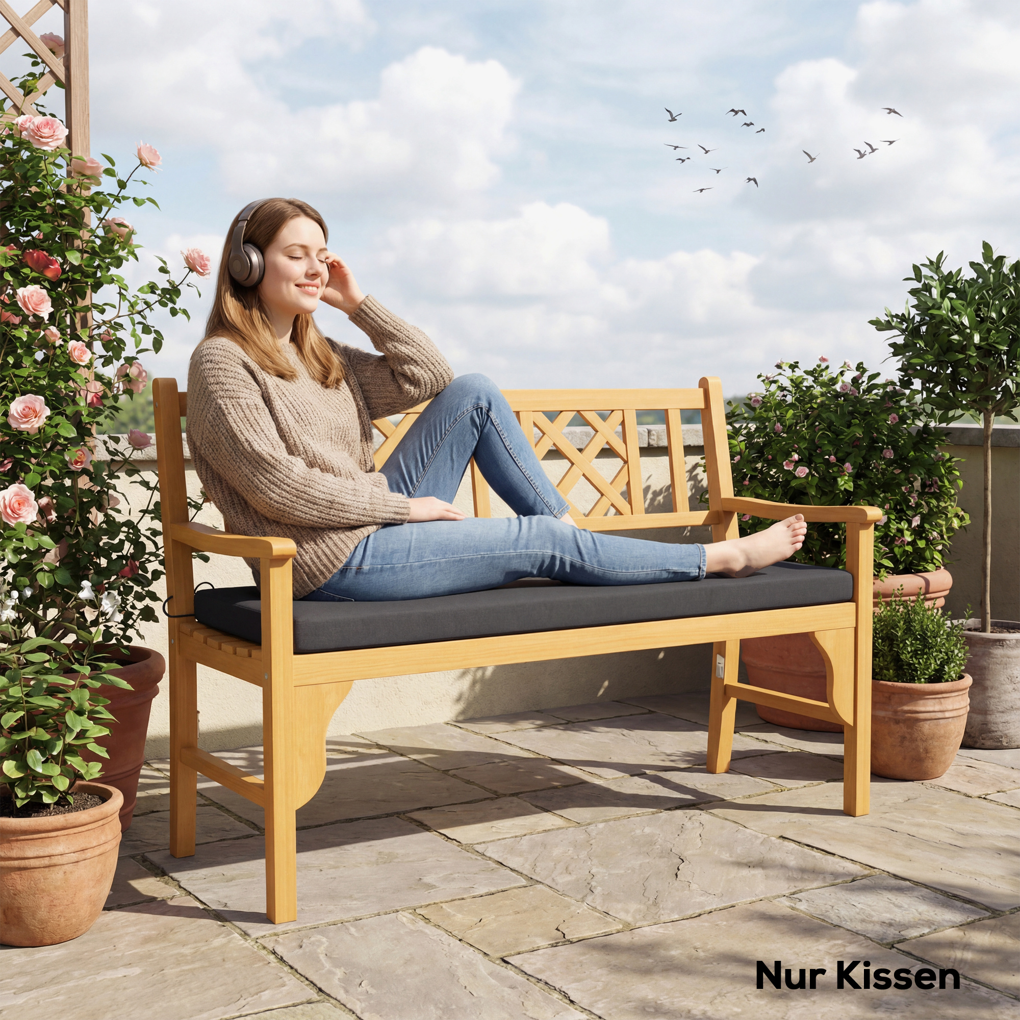 wasserabweisendes Bankkissen, Outdoor-Sitzpolster mit abnehmbarem Bezug und Befestigungsbändern für Garten und Terrasse, 110 x 46 cm, Dunkelgrau