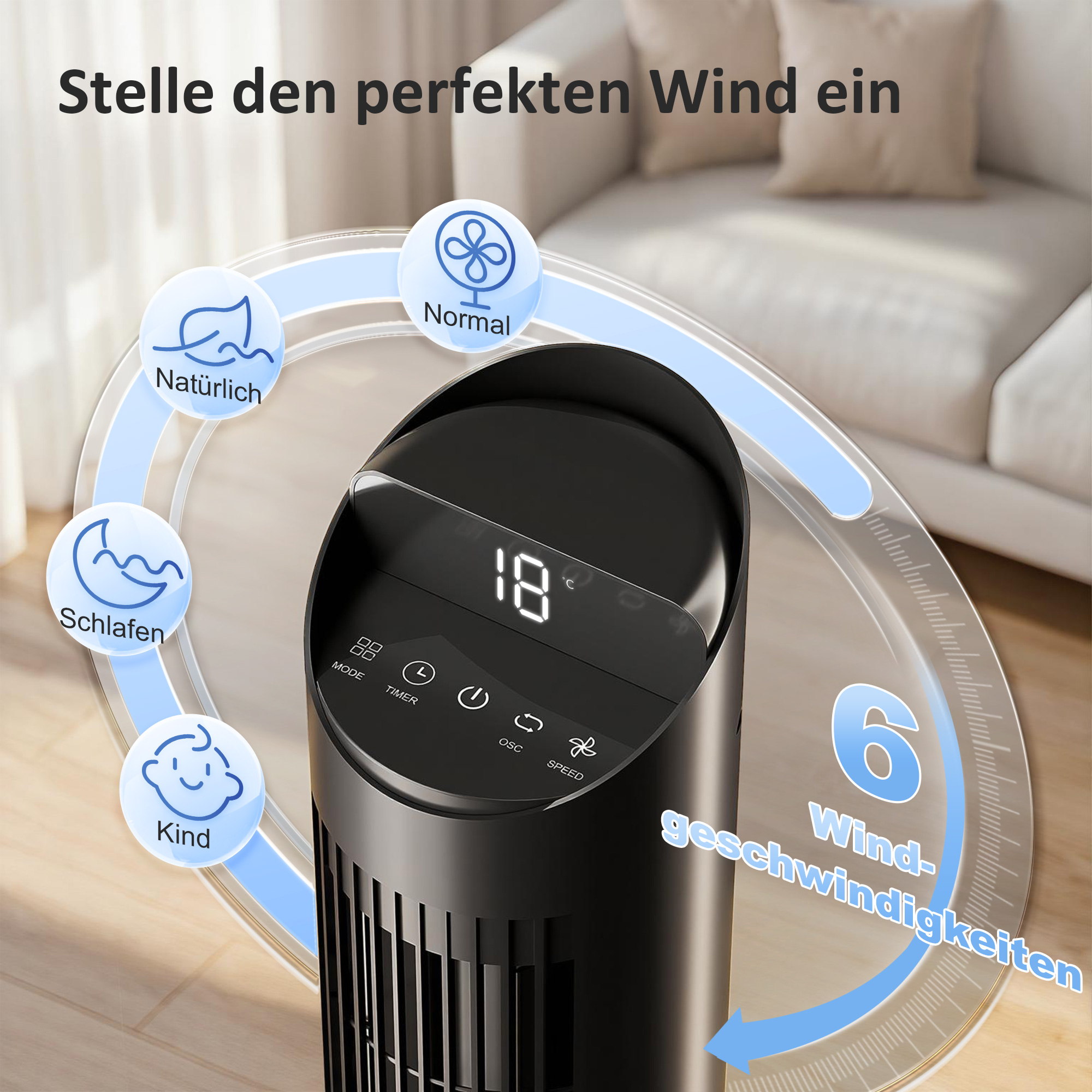 116 cm Turmventilator, Standventilator mit Fernbedienung WiFi App-Steuerung, 65° Oszillation 6 Geschwindigkeiten 4 Modi
