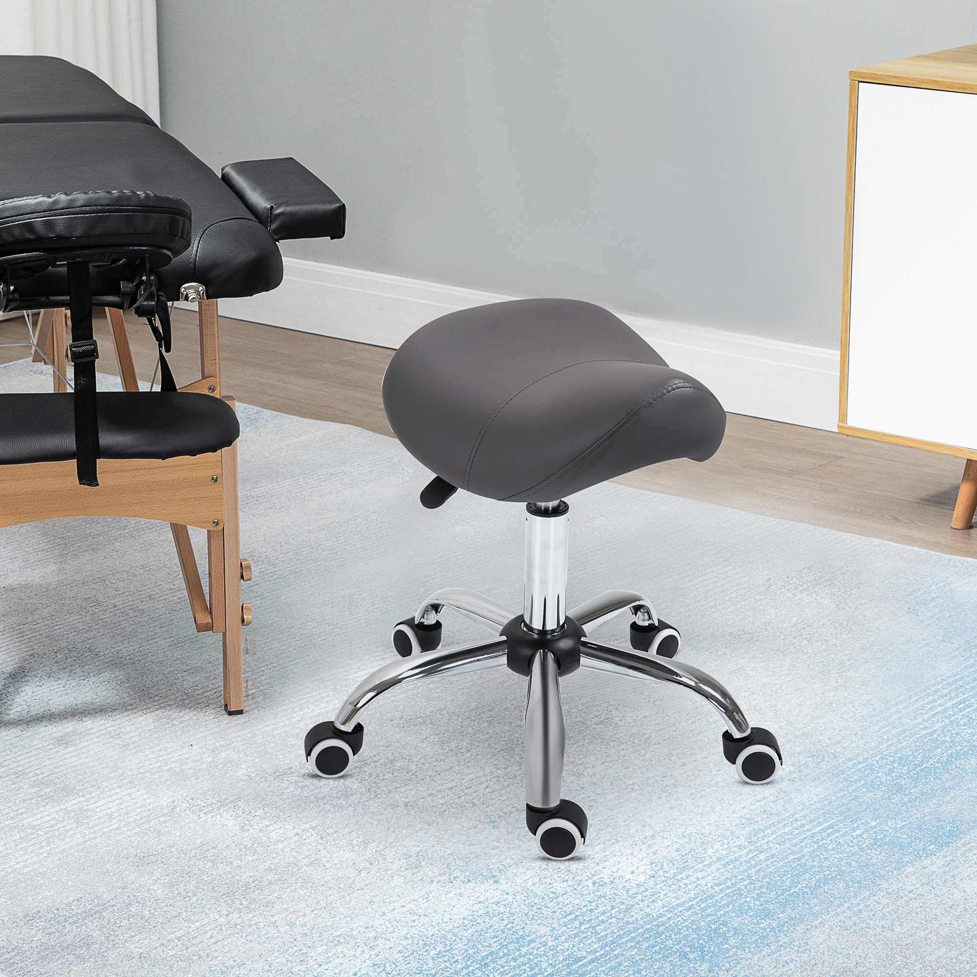 Rollhocker, sattelförmiger Sitz, höhenverstellbar, um 360° drehbar, Kunstleder, dunkelgrau, 53 x 52 x 49-61 cm