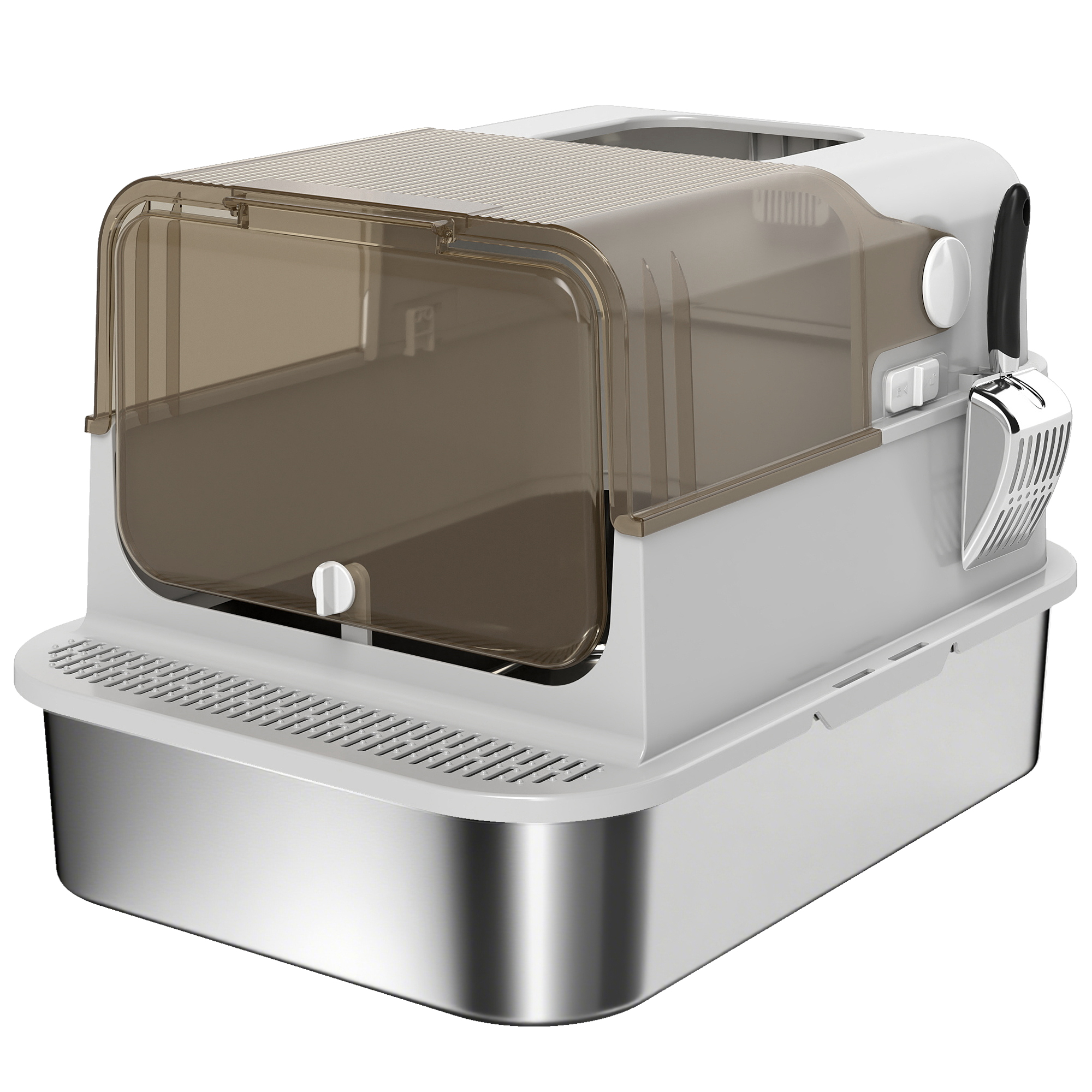 XXL Edelstahl-Katzentoilette mit Klappdeckel, Katzenklo mit Schaufel, für große Katzen bis zu 12 kg, leicht zu reinigen